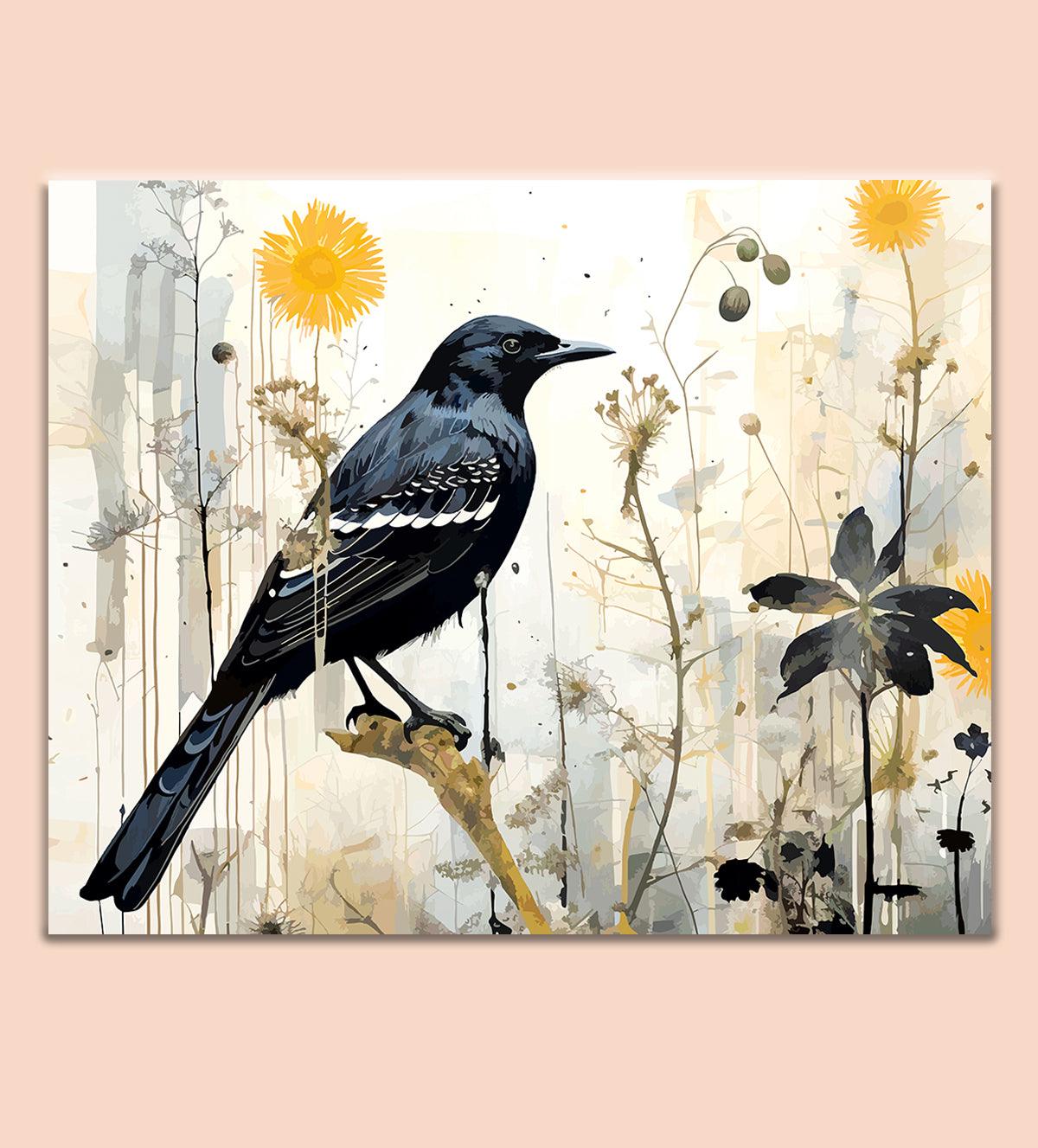 Bring nature indoors with the Serenade of the Blackbird wall painting. A stunning blackbird amidst colorful wildflowers, perfect for adding a serene touch to your décor - Aartaa decor