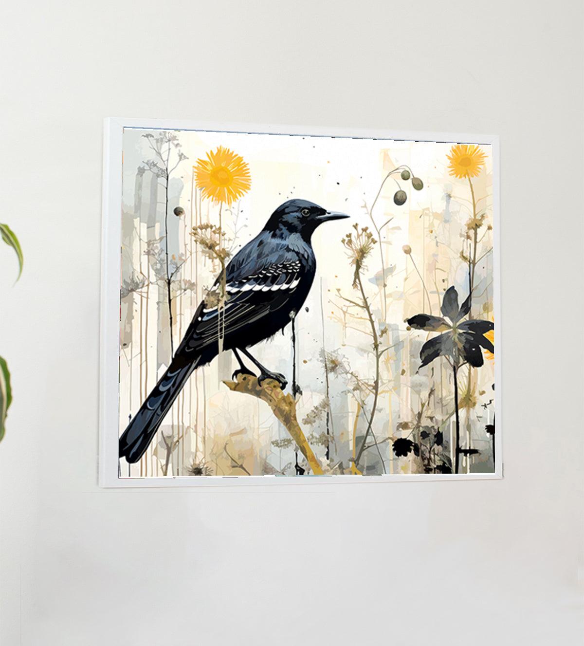Bring nature indoors with the Serenade of the Blackbird wall painting. A stunning blackbird amidst colorful wildflowers, perfect for adding a serene touch to your décor - Aartaa decor