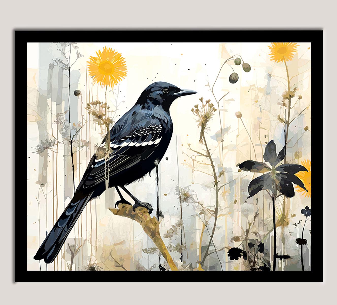 Blackbird perched among wildflowers in a serene natural setting, with soft colors and intricate details in a framed wall art piece.