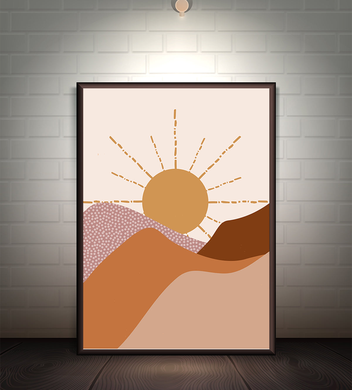 Minimalist abstract painting of a sunset with a golden sun, earthy hills, and warm tones of beige, ochre, and terracotta.