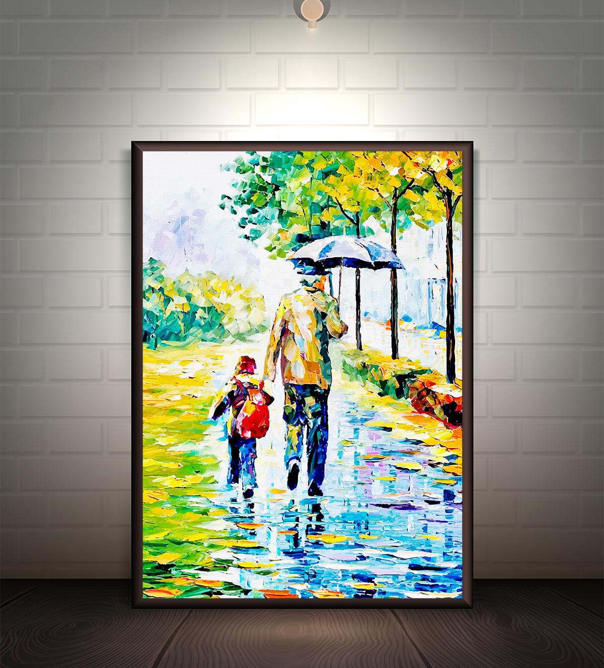Heartwarming painting titled 'Sheltered Moments' featuring a parent and child under an umbrella on a colorful, rainy day with bright reflections.