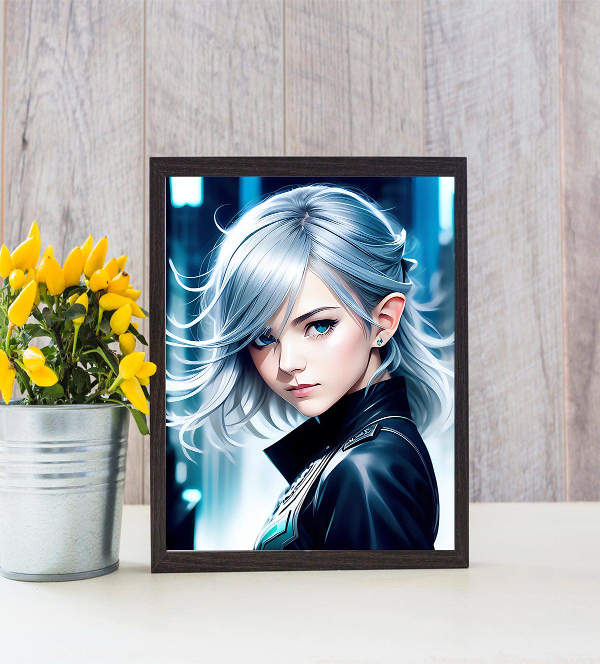 Supernova Heroine: Fierce and Fearless, a stunning painting of a bold, silver-haired heroine with futuristic flair. Perfect for modern, edgy interiors, this art piece is available in multiple sizes and framing options. Click to shop now and add a touch of power and elegance to your room!