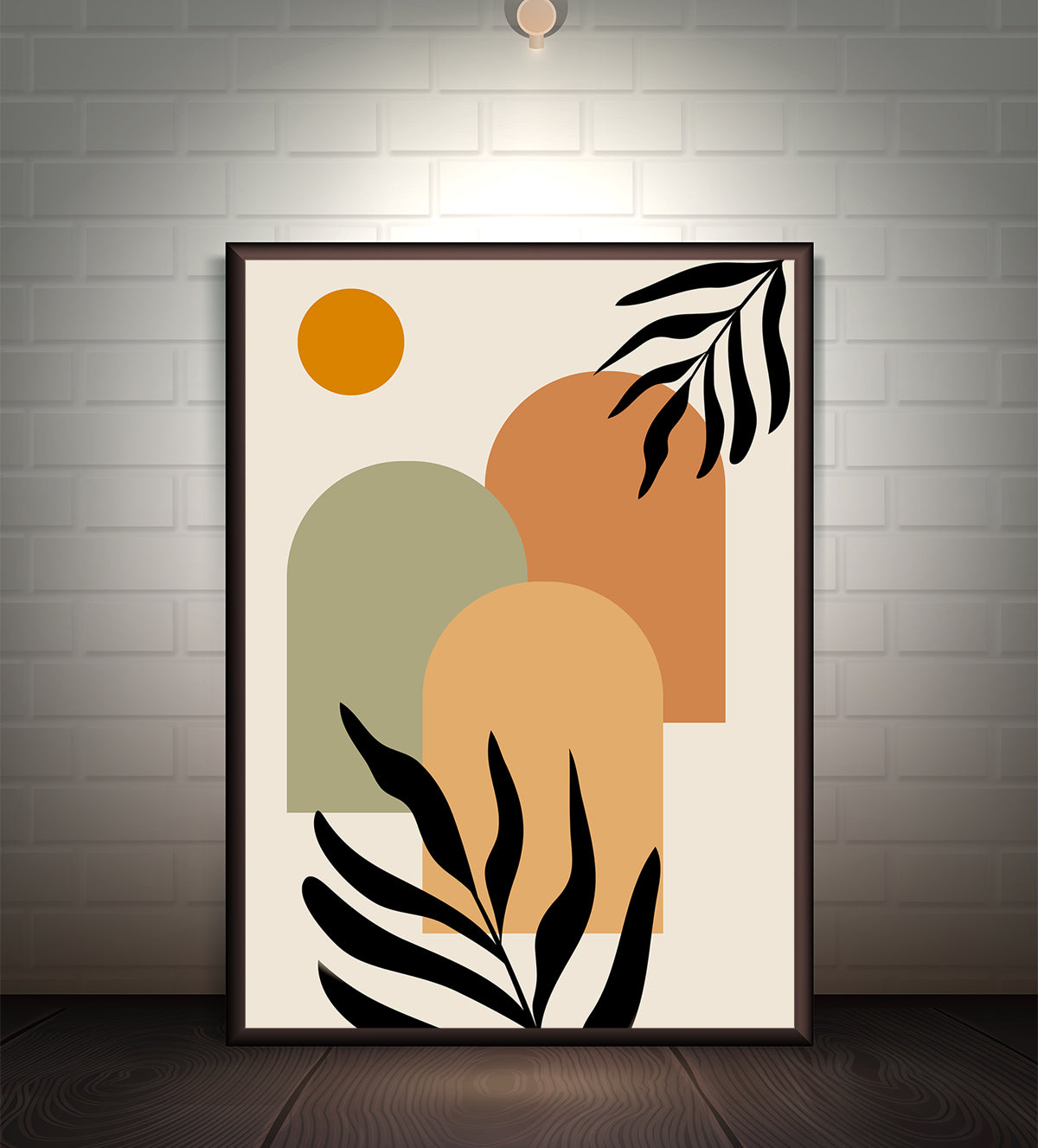 Abstract minimalist artwork featuring earthy tones of sage green, terracotta, and beige, with black botanical silhouettes and a golden sun. A modern and nature-inspired decor piece.