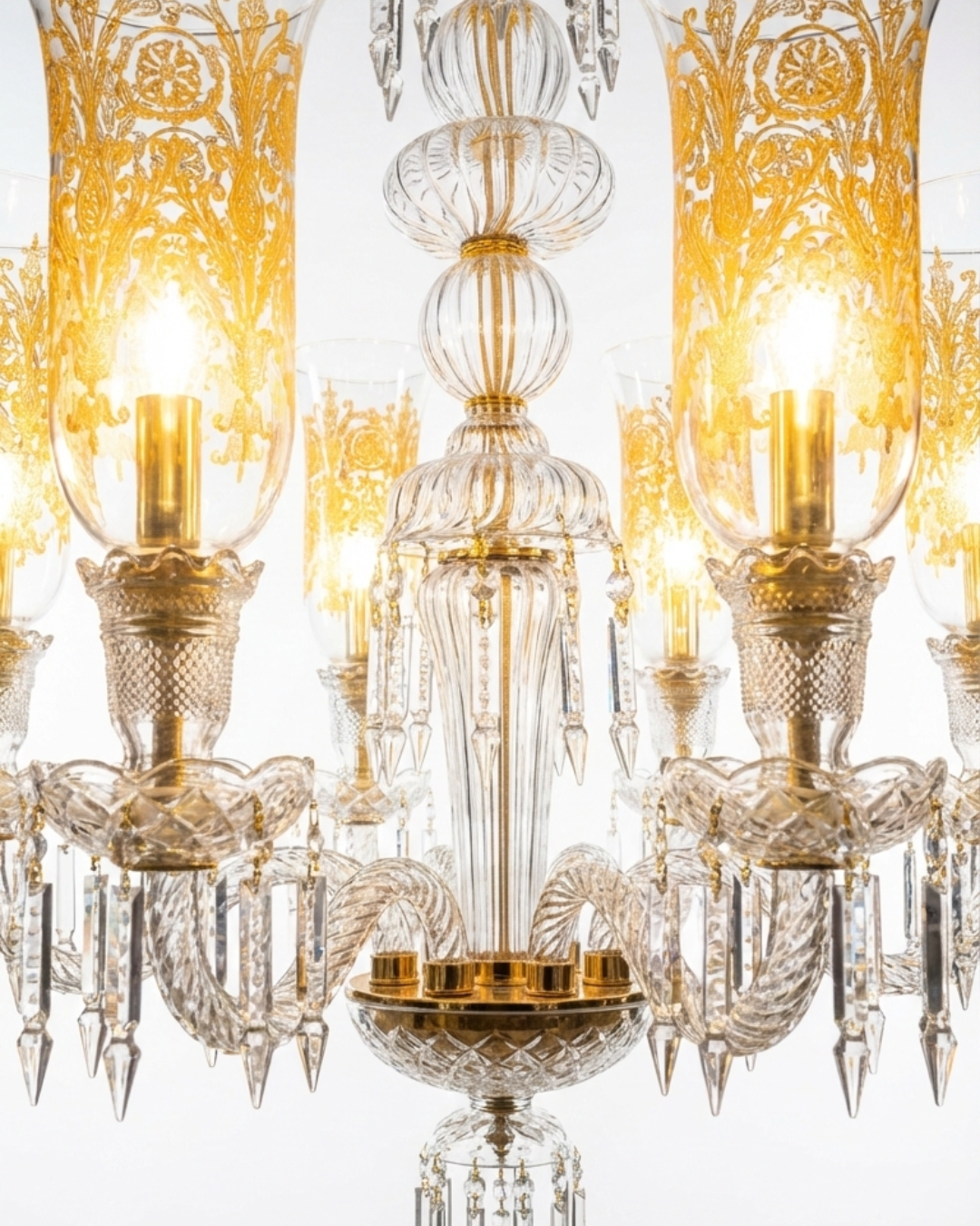 Ornate chandelier with clear glass and gold accents on a white background