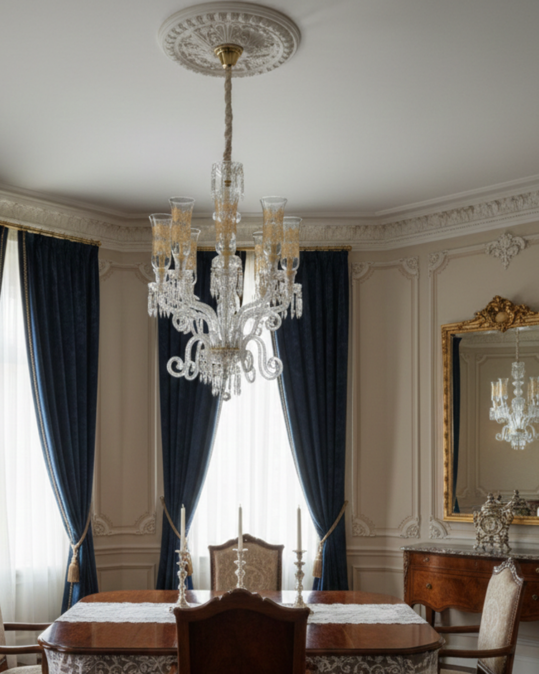 Dining room with a chandelier, table, chairs, and decorative elements.