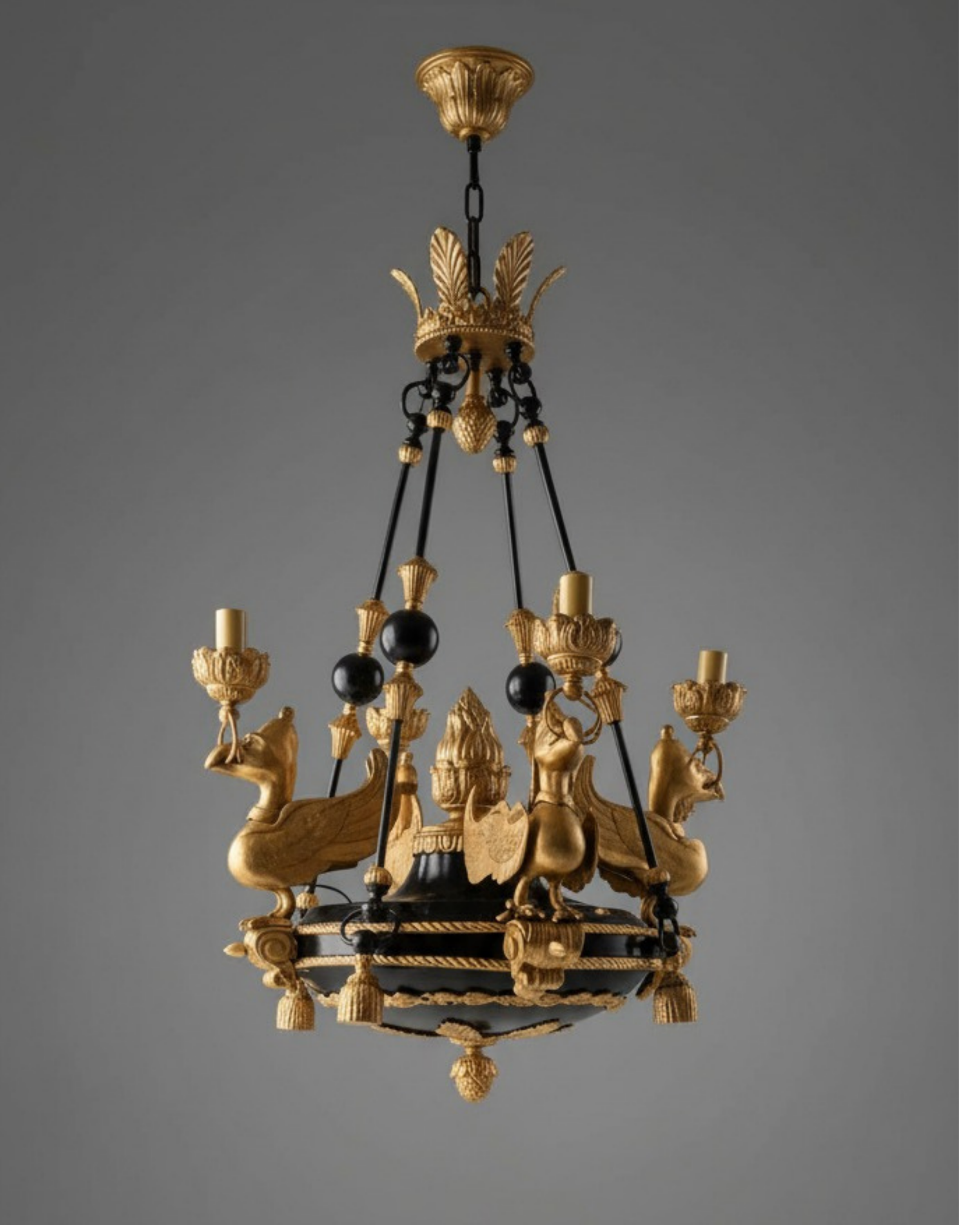 Luxury living room with The Imperial Griffin Brass Chandelier – handcrafted brass empire chandelier with griffin motifs, casting warm ambient light.