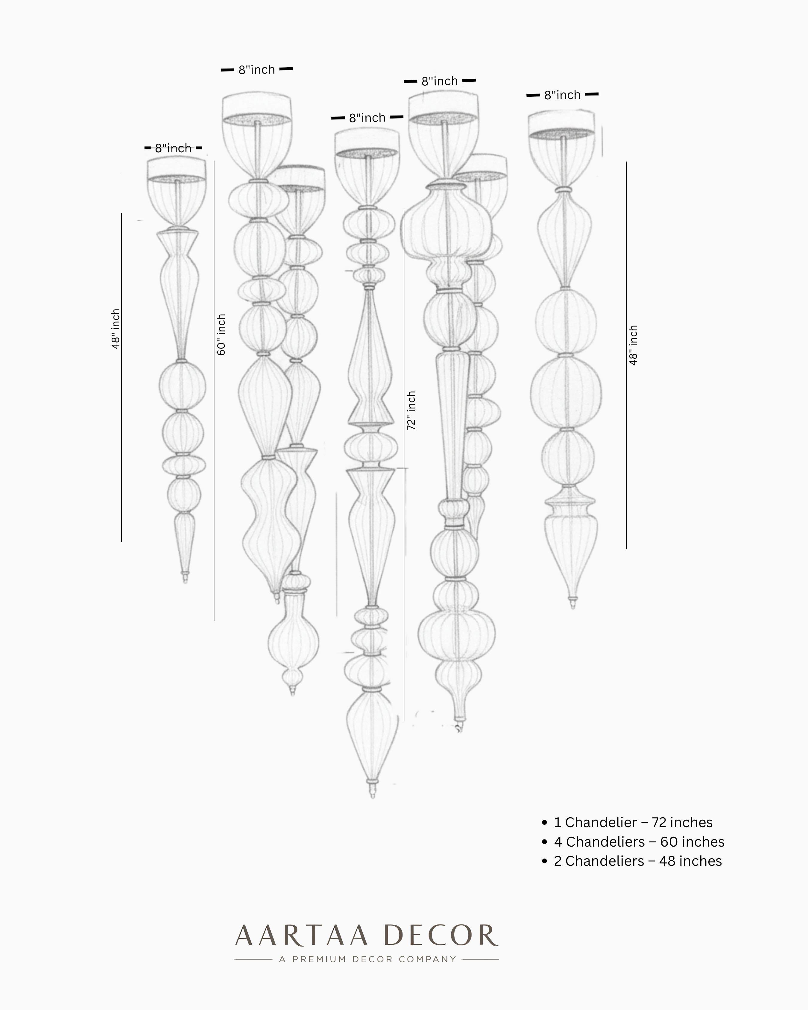 Measurement chart of Aartaa Decor crystal chandeliers with dimensions and Aartaa Decor branding.