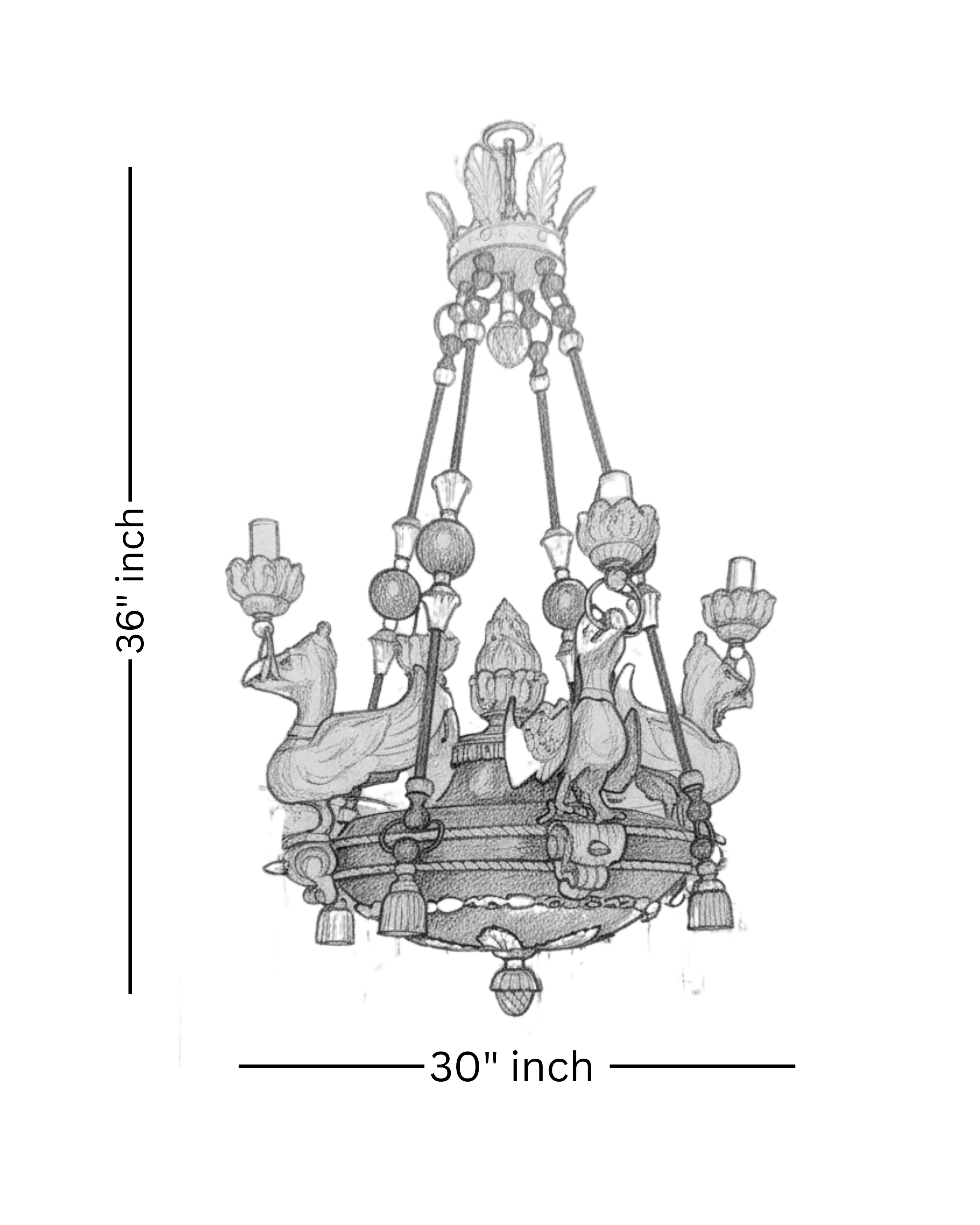 Detailed sketch of The Imperial Griffin Brass Chandelier showing dimensions 36 inches height by 30 inches width, handcrafted in solid brass.