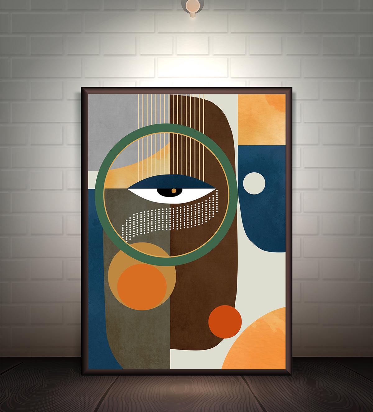 Abstract painting titled 'The Insight Within,' featuring a bold geometric eye design in teal, orange, and neutral tones, symbolizing introspection and vision