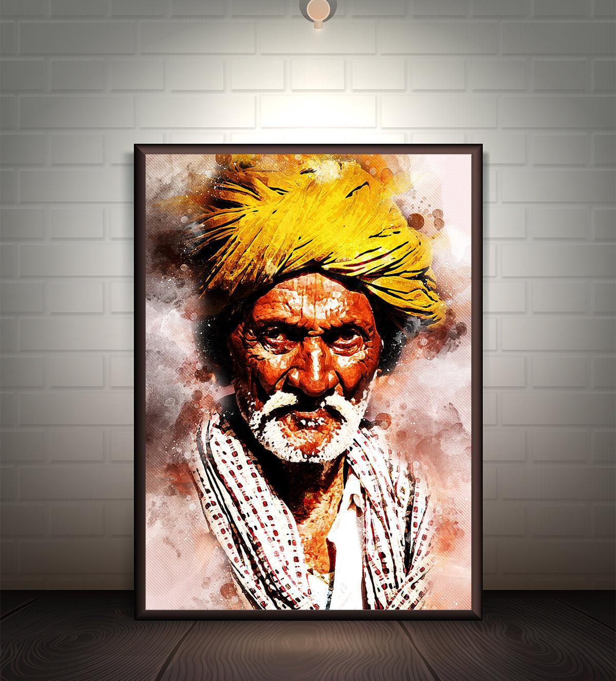 A textured painting of an elderly man wearing a bright yellow turban, with weathered skin and a piercing gaze, symbolizing wisdom and rural heritage, displayed in a modern interior.