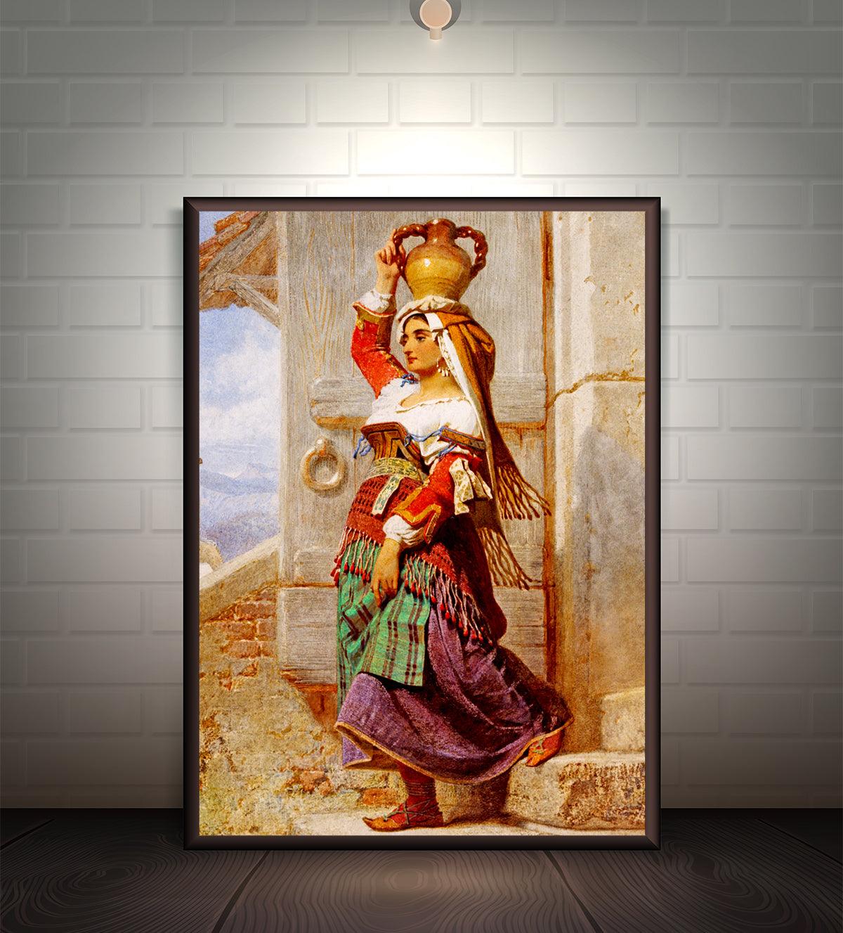 Vintage-style portrait of a woman carrying a water jug, dressed in traditional attire, standing by rustic stone steps with a serene backdrop.