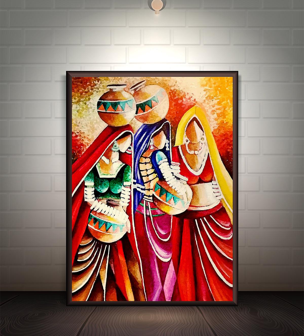 vibrant painting depicting three women in traditional attire carrying ornate pots, with bold red, green, and gold tones symbolizing cultural heritage and daily village life.