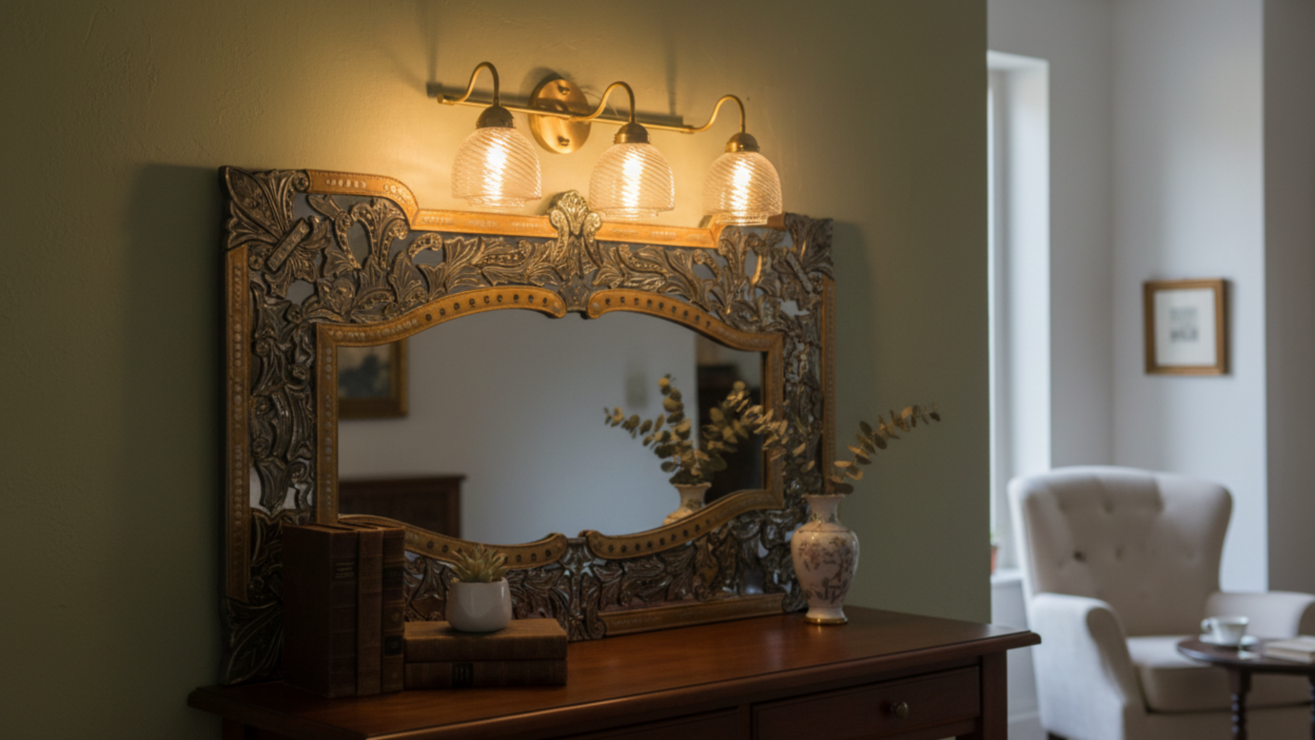 Trio Glow Vintage Wall Light with three ribbed glass shades and brass finish frame, elegant wall-mounted lighting fixture for bathroom vanity or hallway.