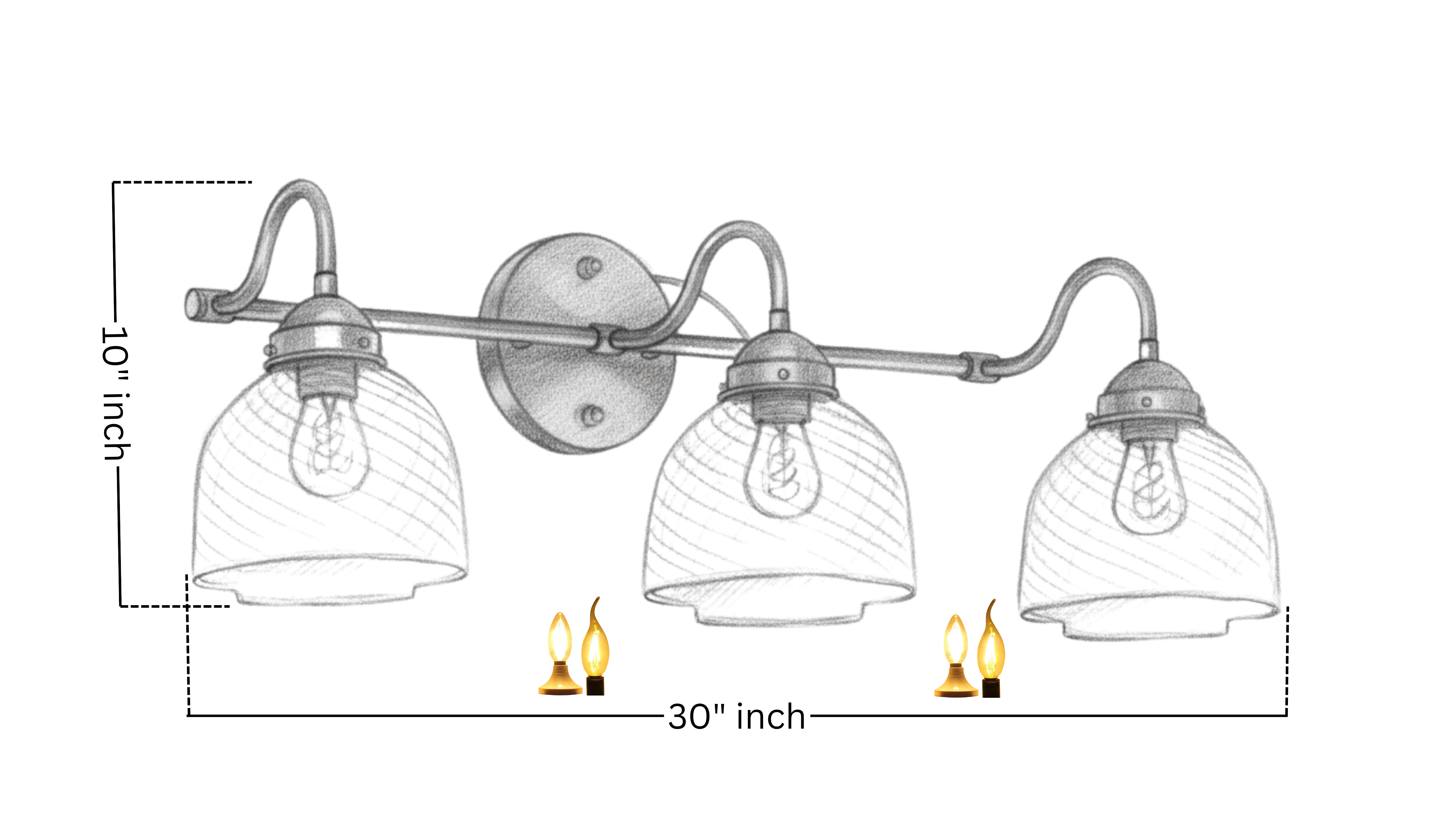 Detailed dimension drawing of Trio Glow Vintage Wall Light, 30-inch wide brass wall sconce with three glass shades, ideal for bathroom or mirror lighting.