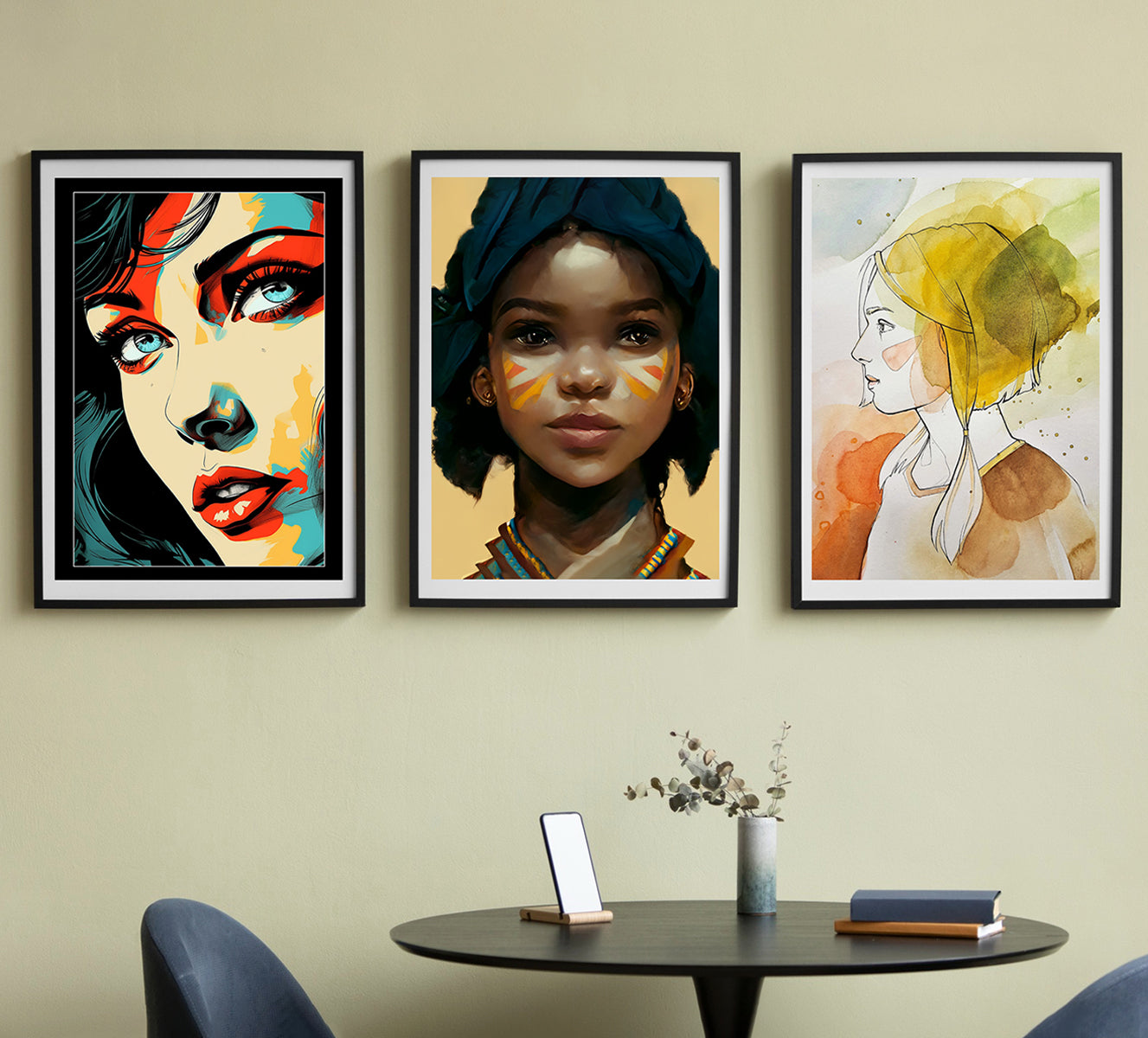 Trio of modern digital paintings featuring a mountain reflection, cityscape at sunset, and a night scene with a full moon. Perfect for adding a stylish and balanced look to any space.