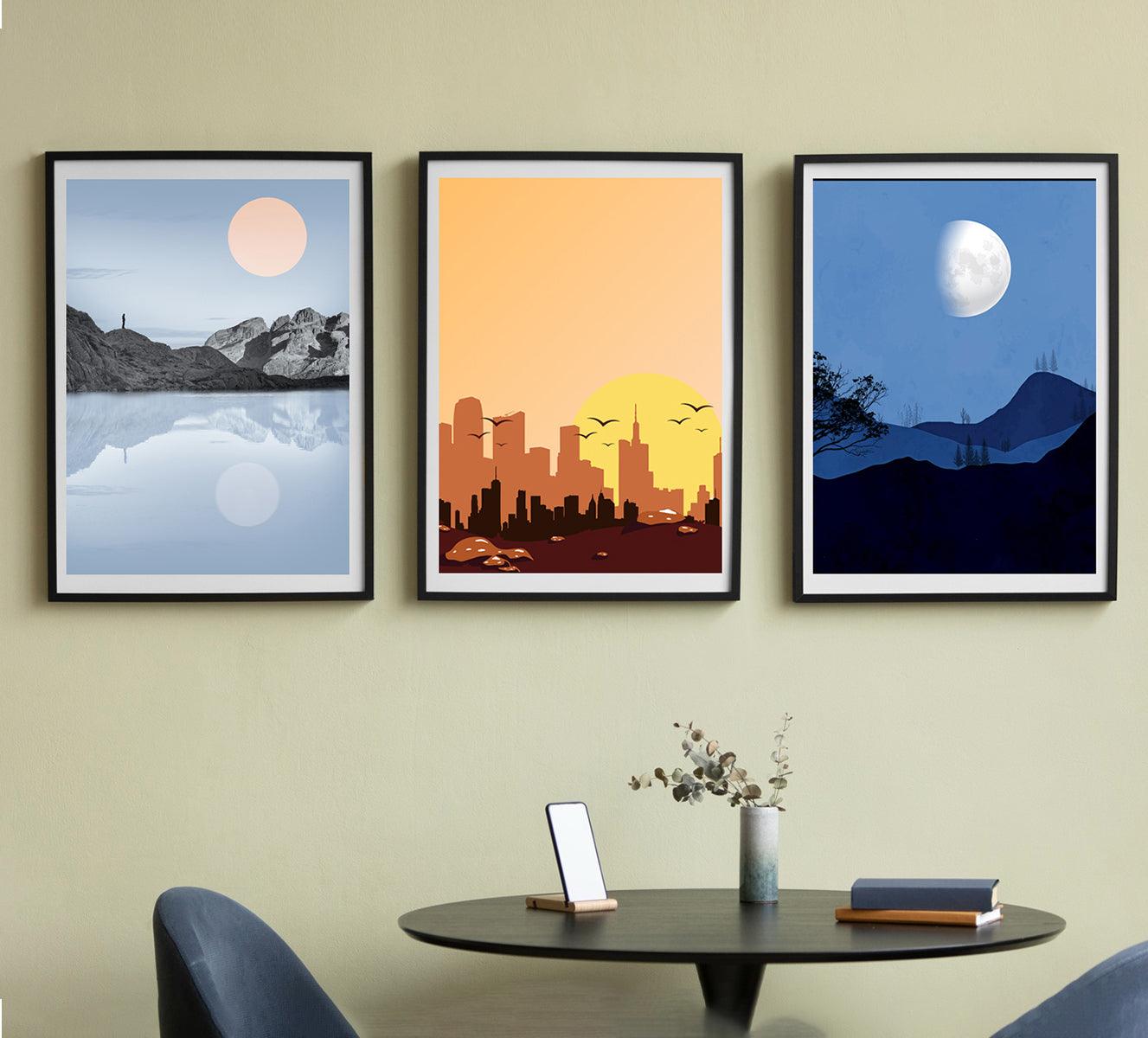 Set of three digital landscape art prints showcasing sunrise, cityscape at dusk, and moonlit night on high-quality canvas, ideal for modern home decor.