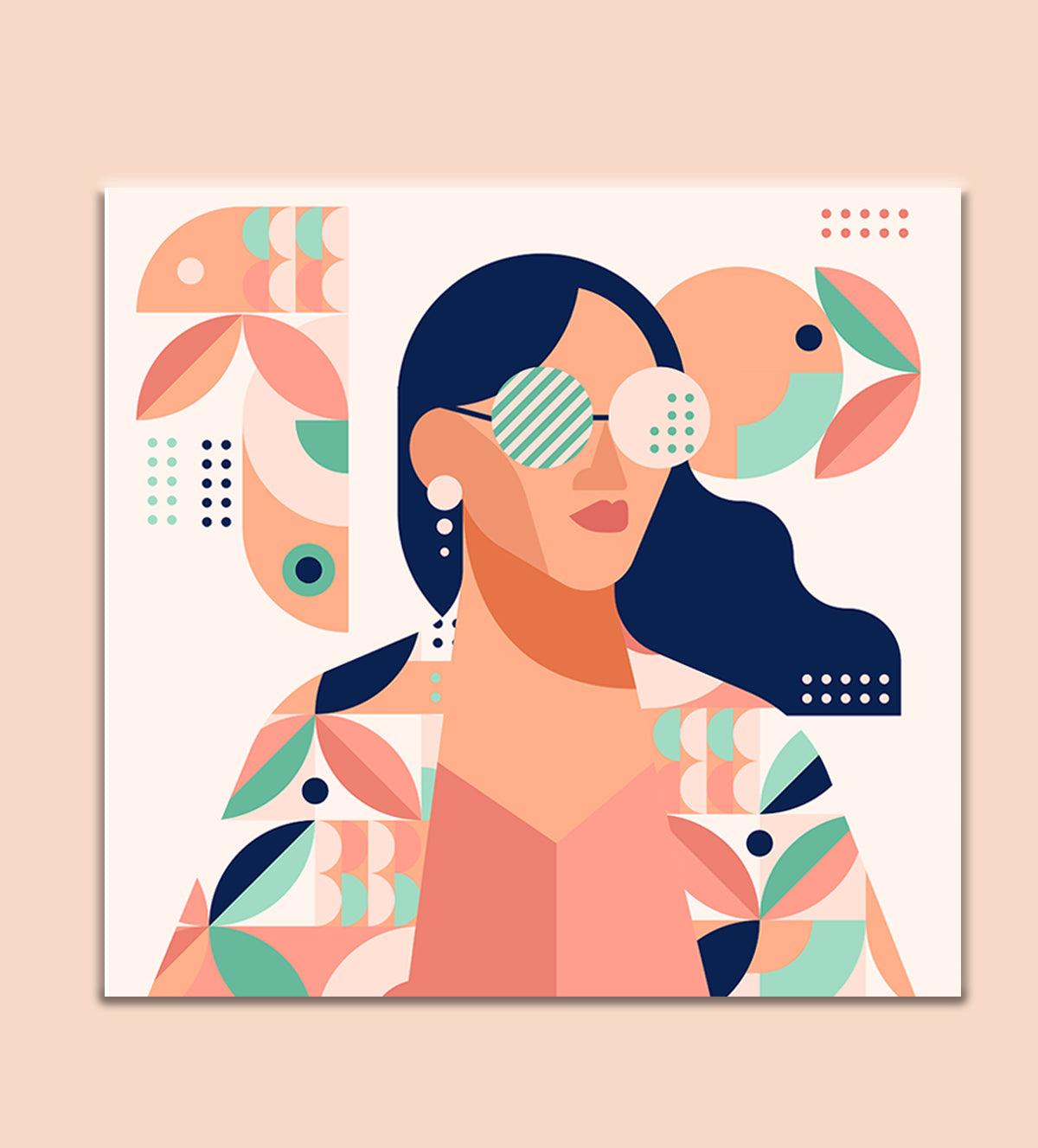 Modern pop art print featuring a female figure with geometric patterns and vibrant colors, titled 'Urban charisma: Modern Pop Art Portrait.