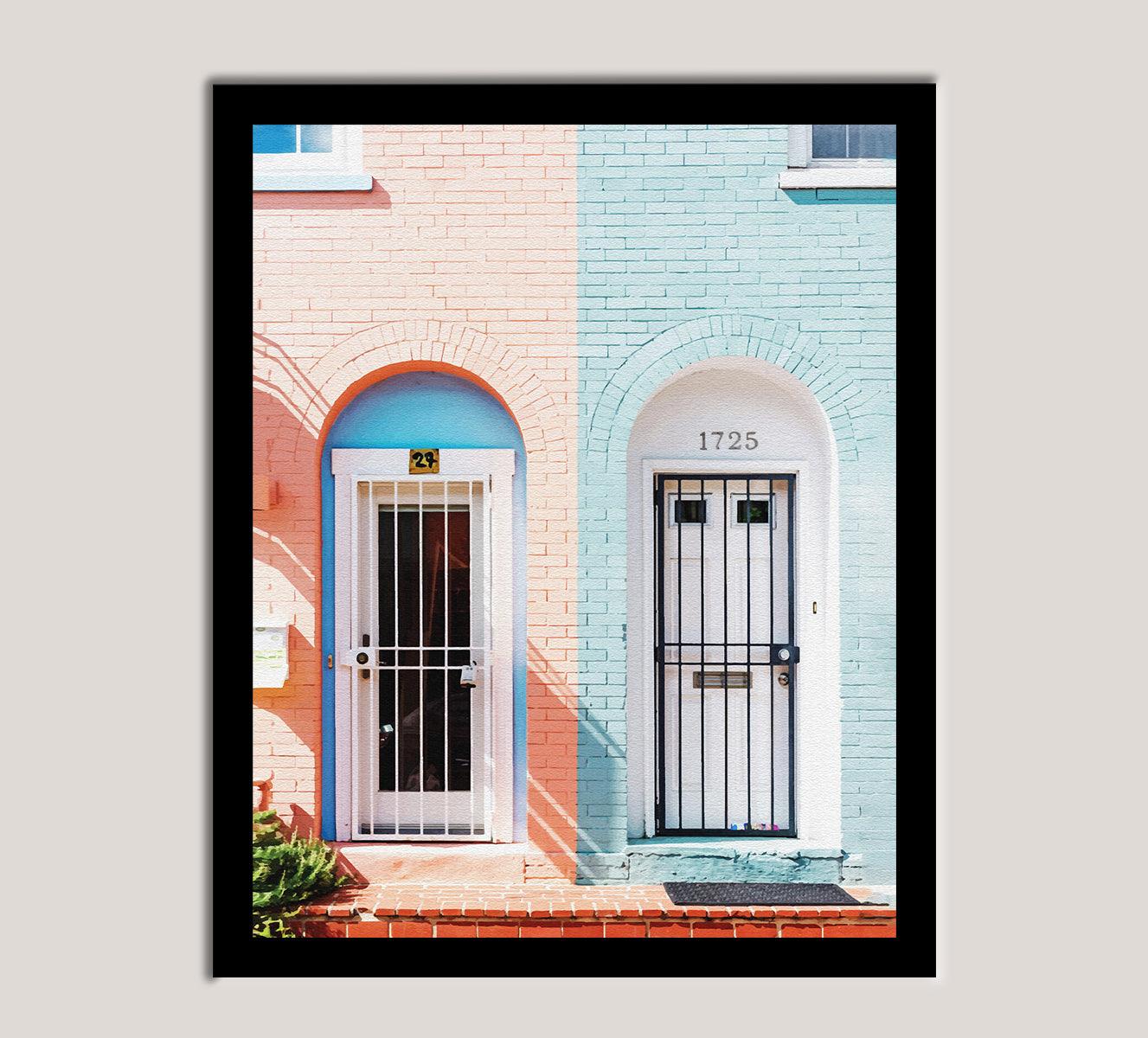 Urban Doors: Pop Culture Contrast in Pink & Blue." This eye-catching art piece showcases the charm of city streets, featuring a stunning door duo in bold pink and serene blue. The two-tone doors create a striking visual contrast, instantly energizing any room with a playful yet sophisticated aesthetic.