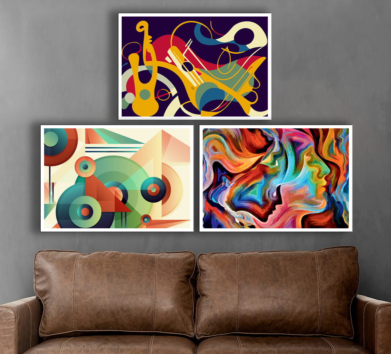 Three vibrant abstract canvas paintings with colorful, flowing shapes inspired by music and creativity; ideal for modern home decor and artistic spaces.
