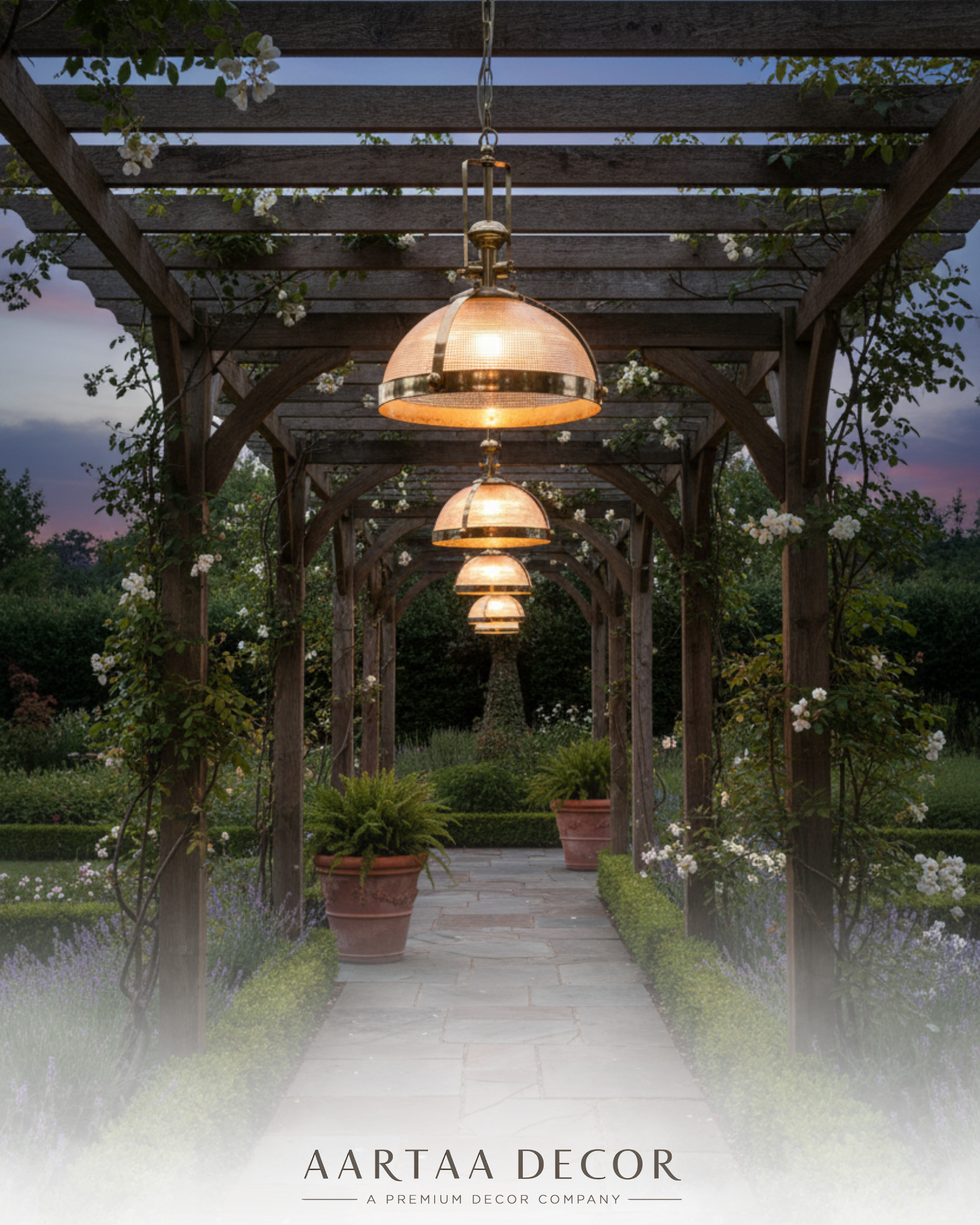 Row of Aartaa Decor Vintage Brass Dome Pendant Lights illuminating a luxury garden pergola walkway at dusk.