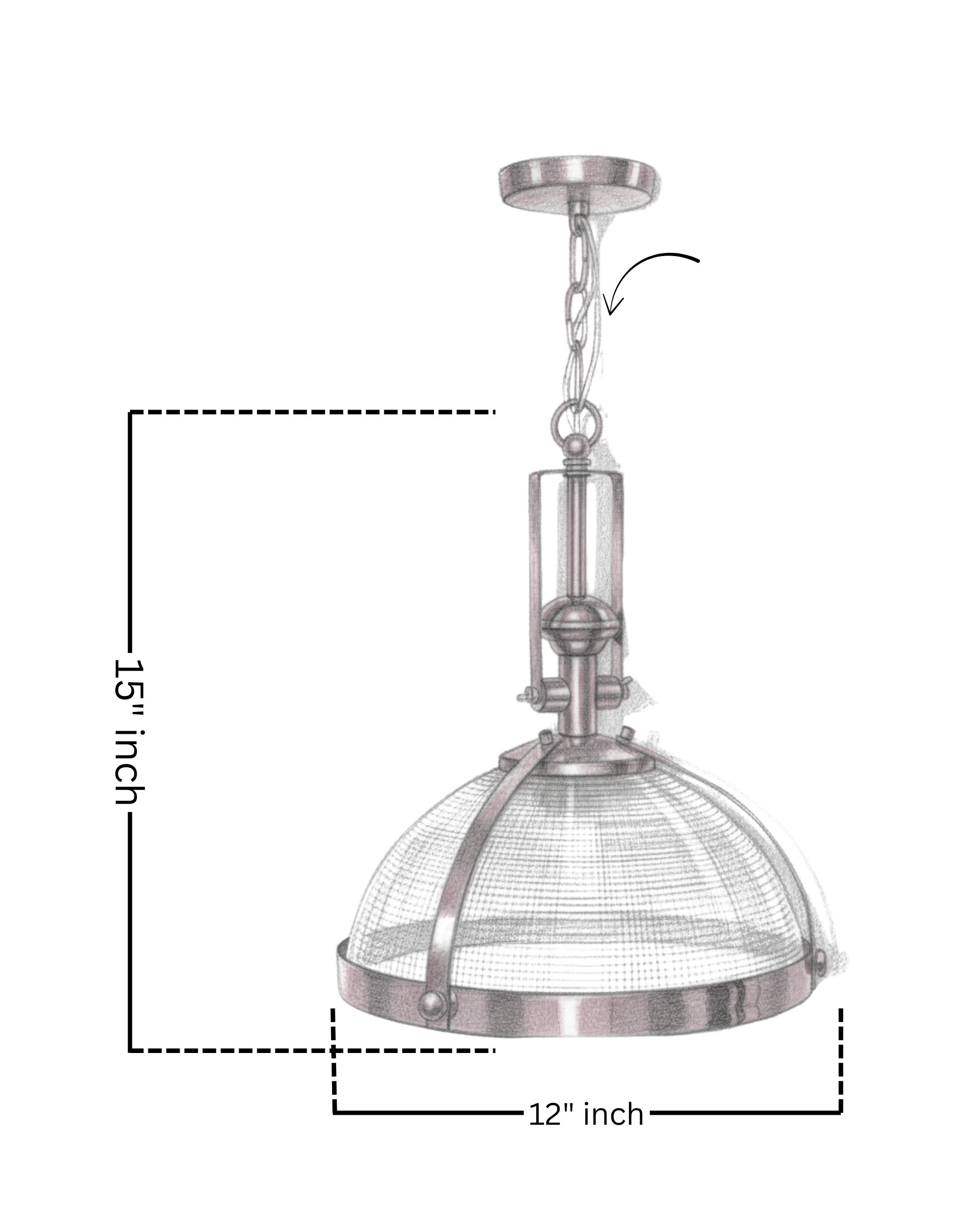 Technical drawing of Aartaa Decor Vintage Brass Dome Pendant Light with measurements – 15 inch height, 12 inch diameter.
