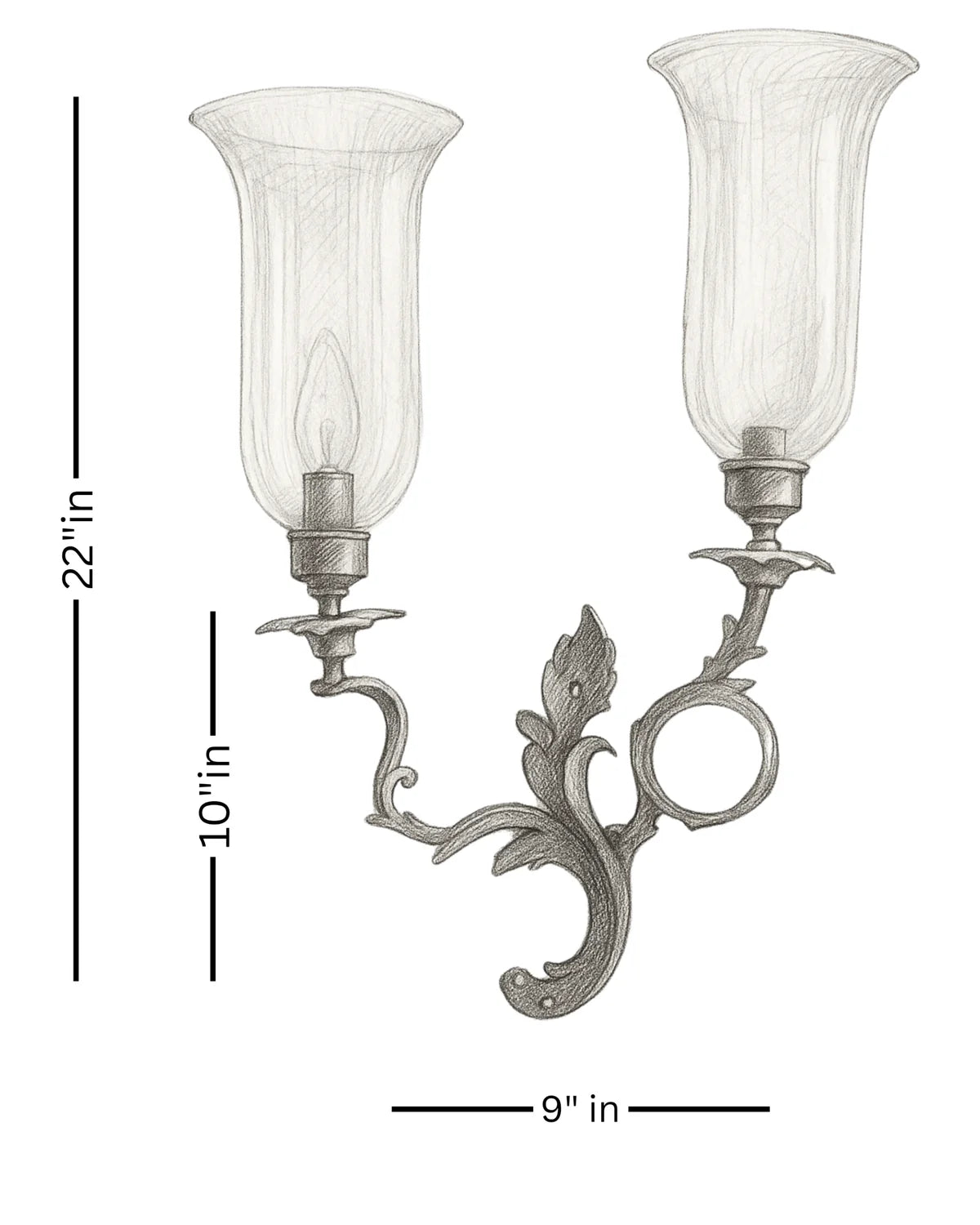 Decorative wall sconce with two glass shades and measurements on a white background