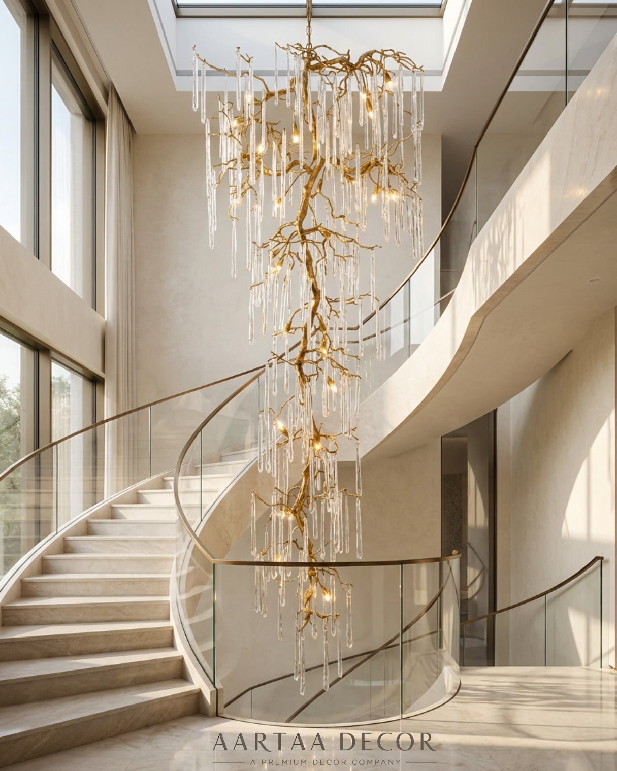 Vriksha Jyoti inspired by weeping willow Luxurious chandelier hanging in a modern staircase with 'AARIAA DECOR' branding.