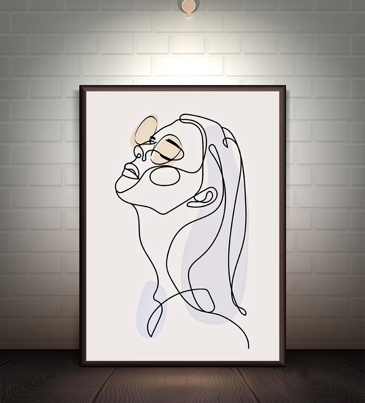 Minimalist line art of a serene woman with flowing lines, perfect for bohemian or contemporary home decor.