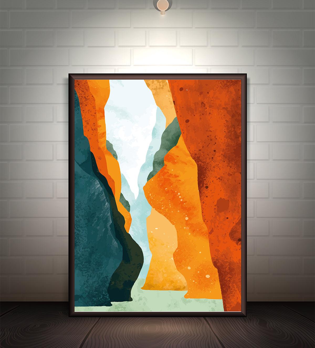 Abstract river painting titled 'Whispering Currents' featuring vivid blues, deep oranges, and flowing shapes reminiscent of a canyon river.
