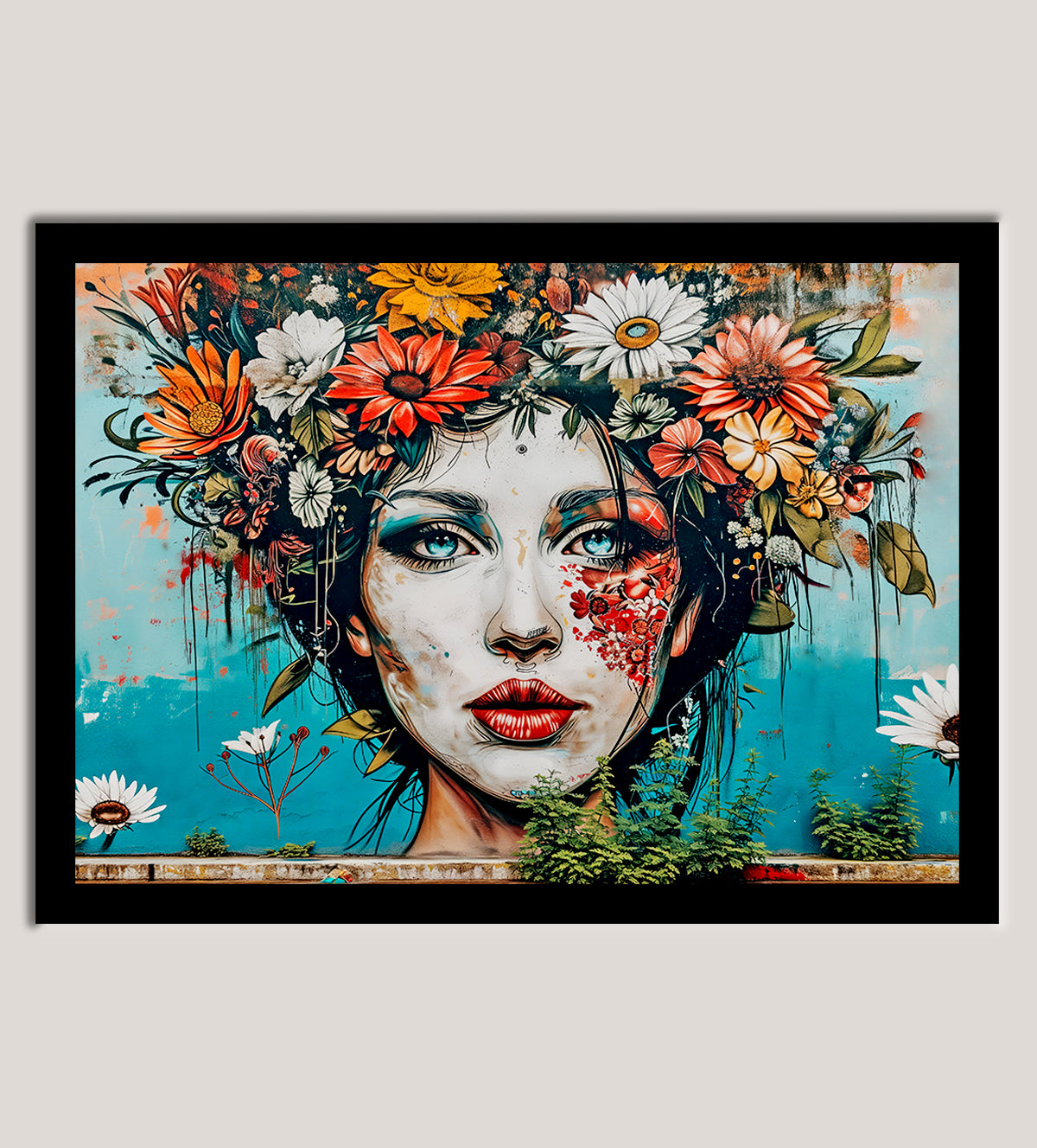 Introducing "Whispers of Grace: A Floral Portrait," a captivating digital illustration that blends elegance and artistry. This beautiful portrait features a young woman with flowing red hair, adorned in a delicate white dress, crowned with a wreath of vibrant pink and purple flowers. The soft, dreamy watercolor technique adds an ethereal touch, creating an enchanting piece that radiates both femininity and strength - aartaa decor