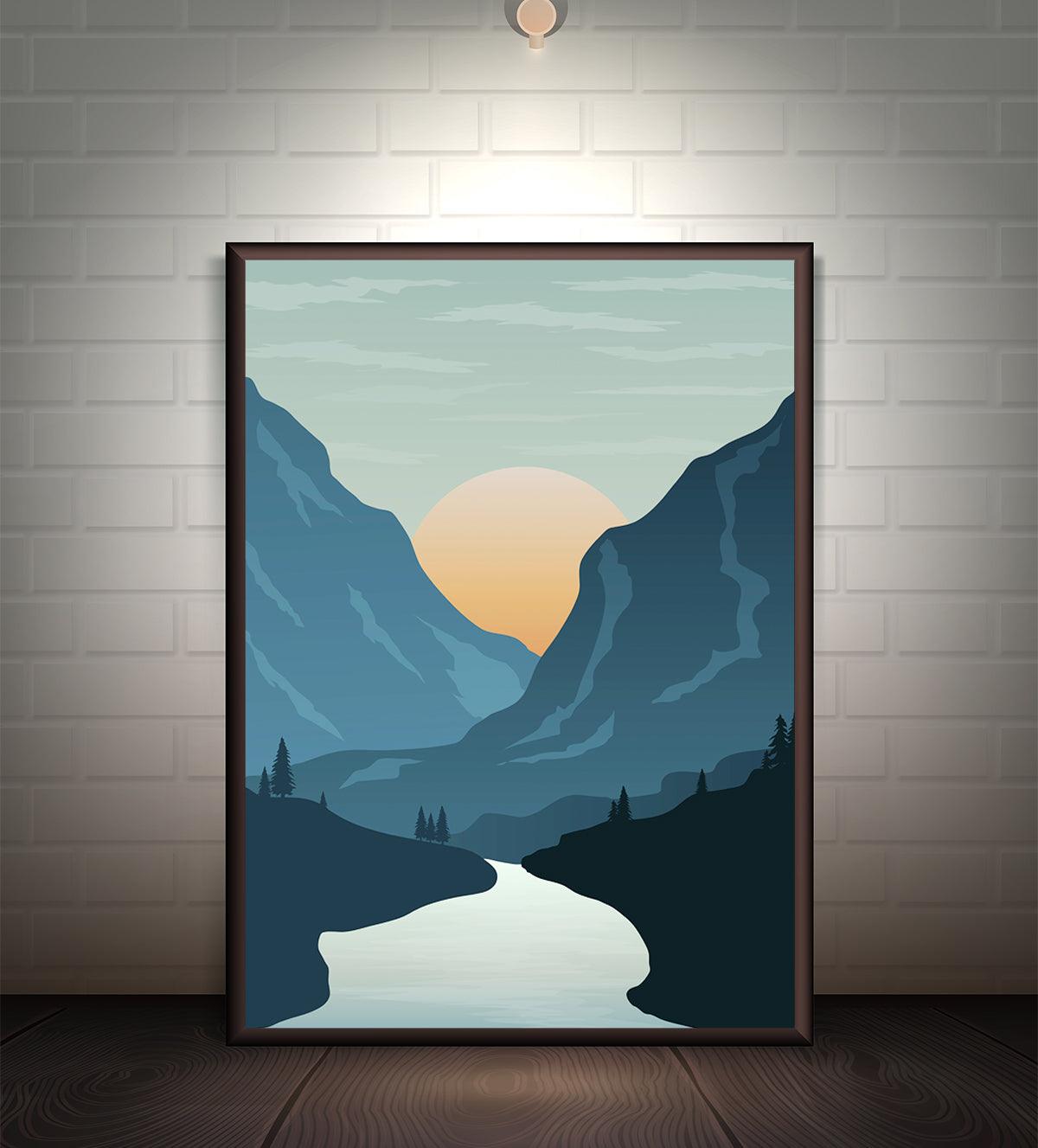 Artwork of a serene valley with blue mountains, a golden sunset, and a tranquil river reflecting the twilight glow.