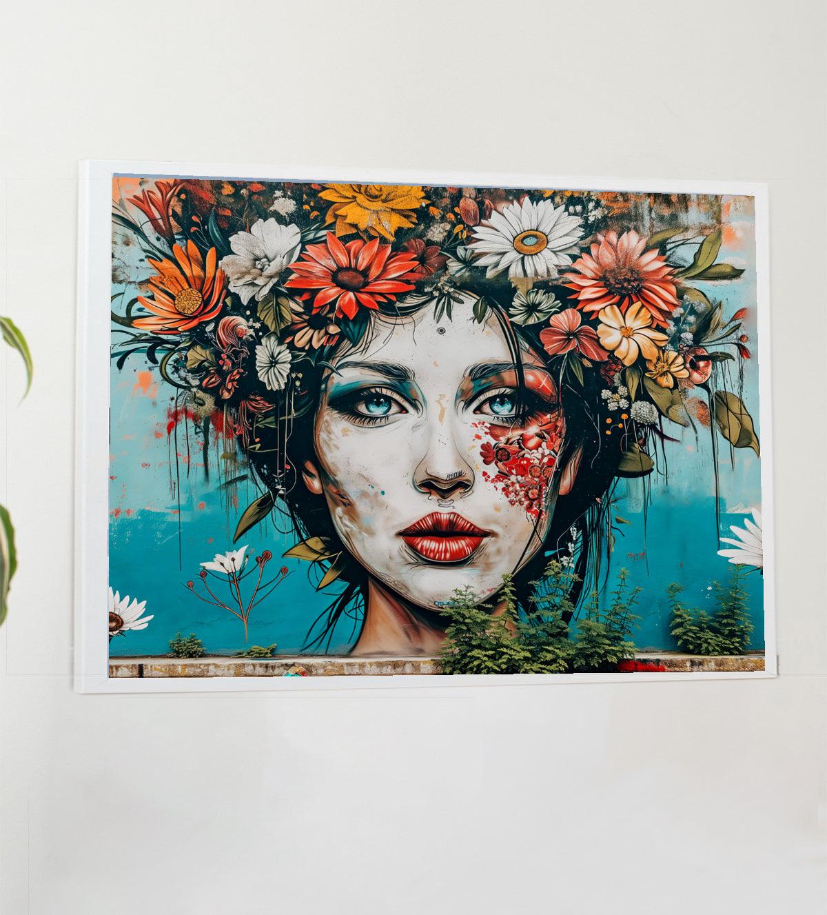 Introducing "Whispers of Grace: A Floral Portrait," a captivating digital illustration that blends elegance and artistry. This beautiful portrait features a young woman with flowing red hair, adorned in a delicate white dress, crowned with a wreath of vibrant pink and purple flowers. The soft, dreamy watercolor technique adds an ethereal touch, creating an enchanting piece that radiates both femininity and strength - aartaa decor