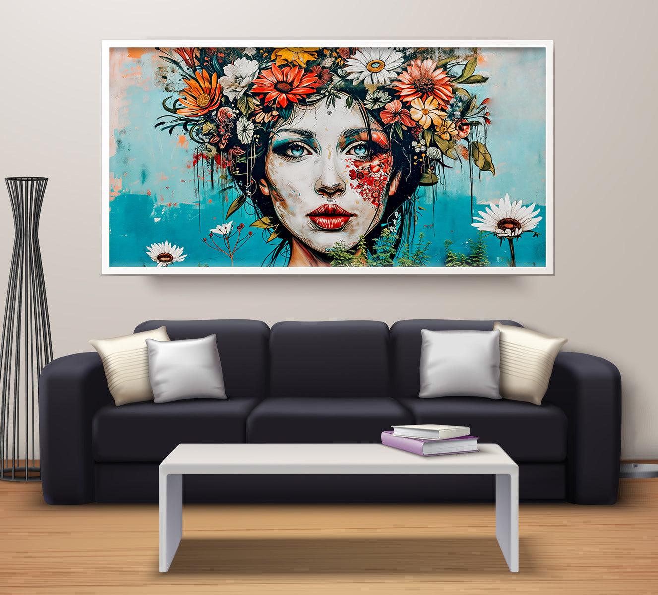 Portrait of a woman adorned with vibrant flowers, set against a teal background—modern floral artwork.