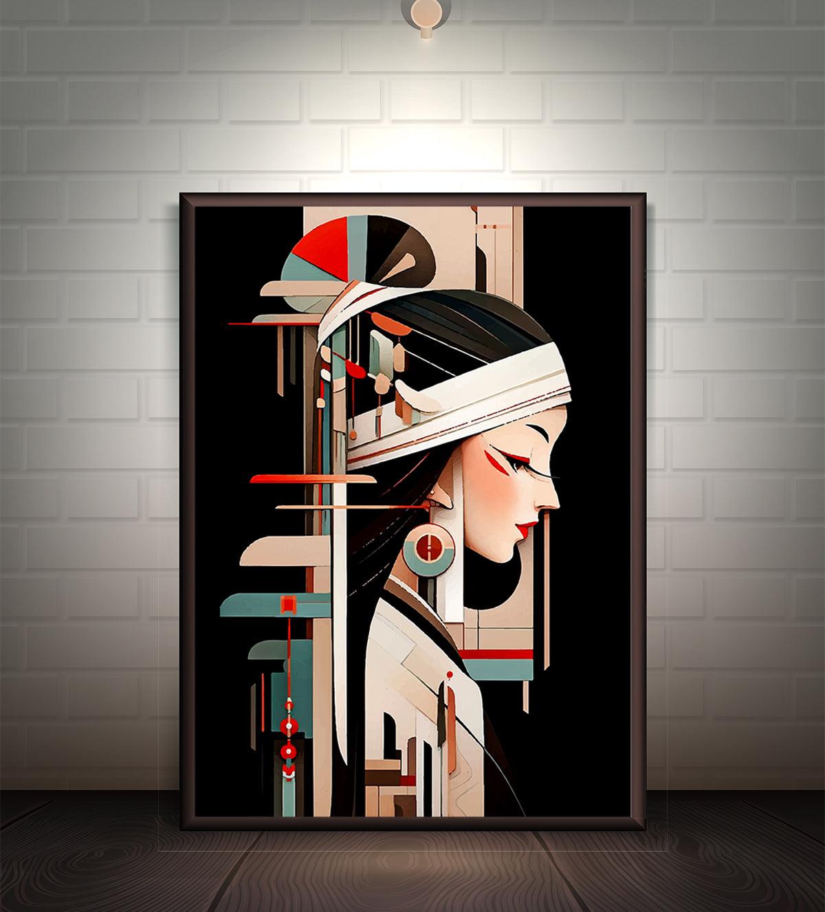 An abstract portrait of a woman in profile, wearing intricate headgear and minimalist earrings, set against a bold black background. The artwork combines ancient beauty with modern geometric abstraction.