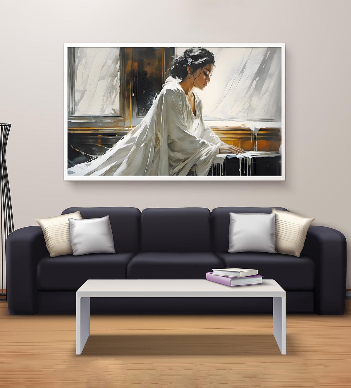 Painting of a serene woman in flowing white attire seated by a piano, reflecting elegance and tranquility with modern and minimalistic charm.