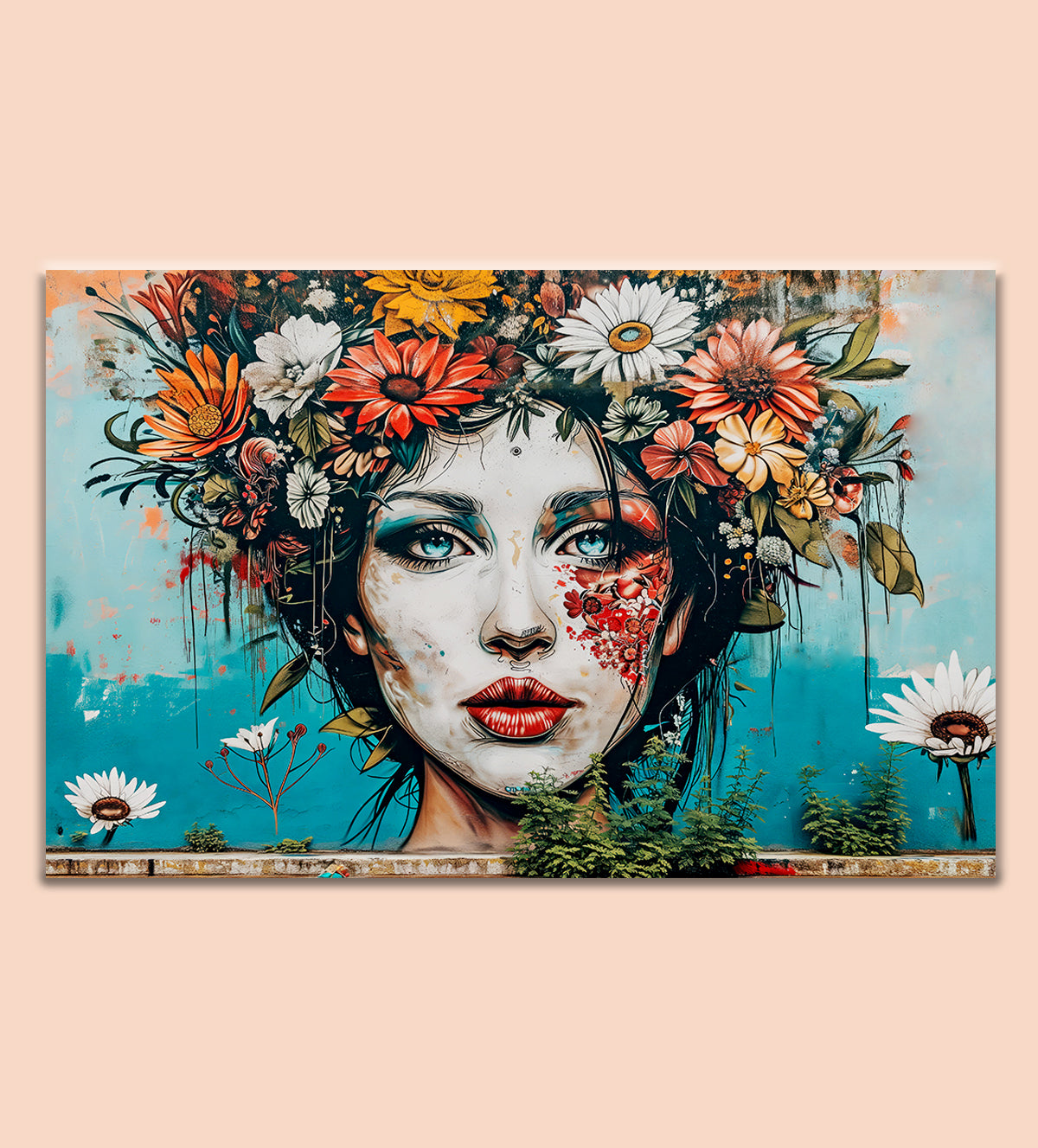 Introducing "Whispers of Grace: A Floral Portrait," a captivating digital illustration that blends elegance and artistry. This beautiful portrait features a young woman with flowing red hair, adorned in a delicate white dress, crowned with a wreath of vibrant pink and purple flowers. The soft, dreamy watercolor technique adds an ethereal touch, creating an enchanting piece that radiates both femininity and strength - aartaa decor