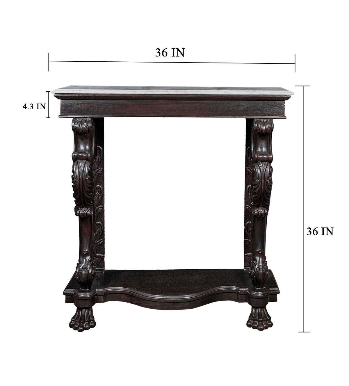 Front view of wooden marble console table with detailed size dimensions – Aartaa Decor