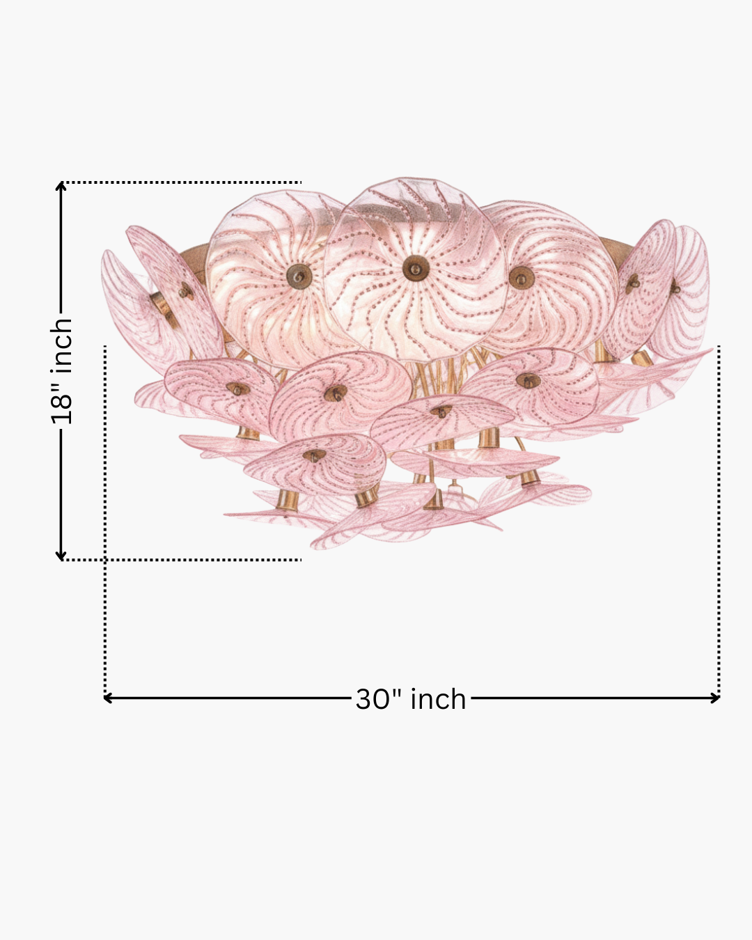 Pink floral ceiling light fixture with measurements on a white background