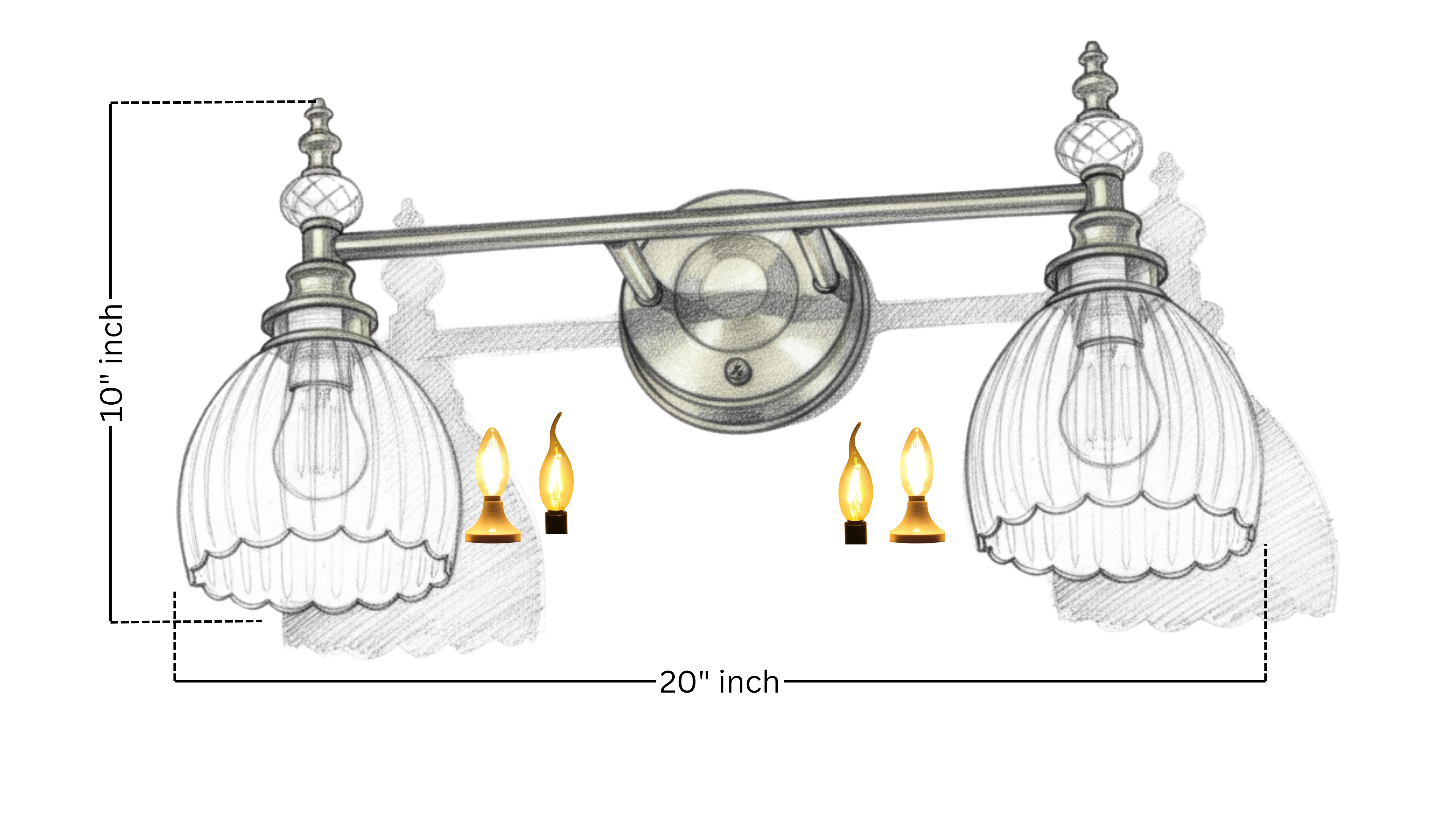 Technical sketch of Crystal Crown Double Wall Light – 20-inch brass wall lamp with ribbed glass shades and E14 bulb holders