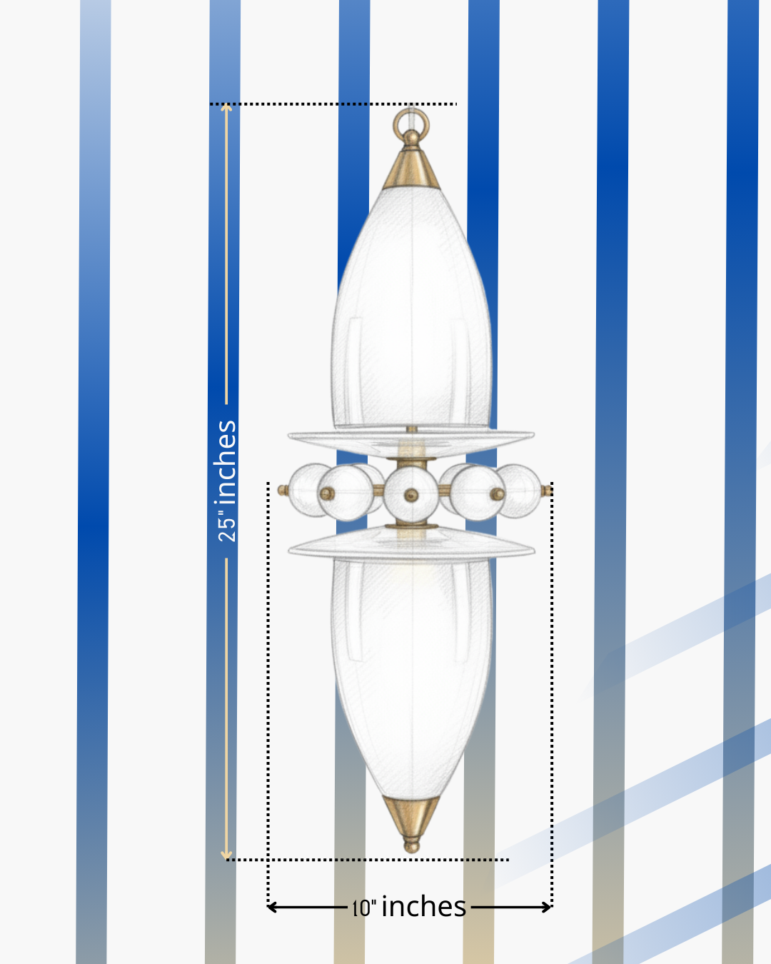 Decorative pendant light with measurements on a striped background