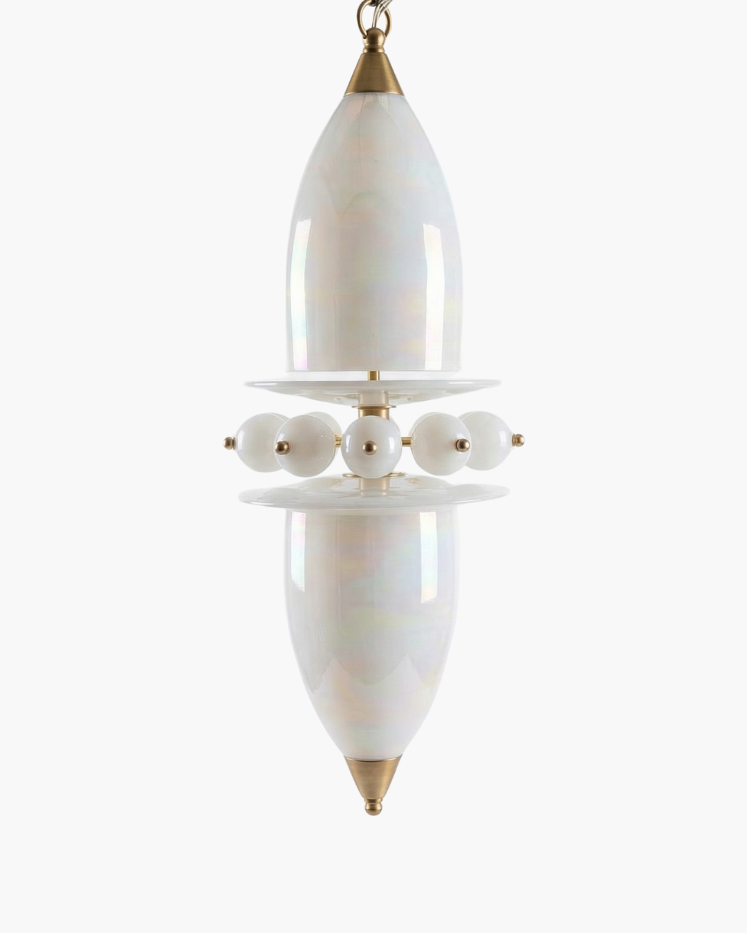 White pendant light with gold accents on a white background