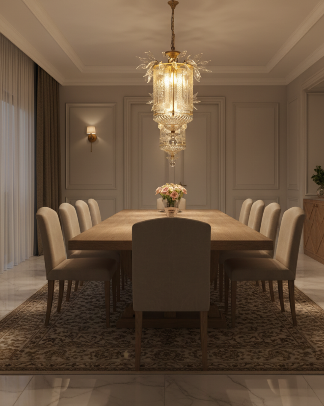 Dining room with a long wooden table and chairs, featuring a chandelier and decorative elements. The Aaranya Noor Heritage Pendant Light is a celebration of refined Indian craftsmanship, designed and handcrafted entirely in-house by Aartaa Decor’s master artisans.