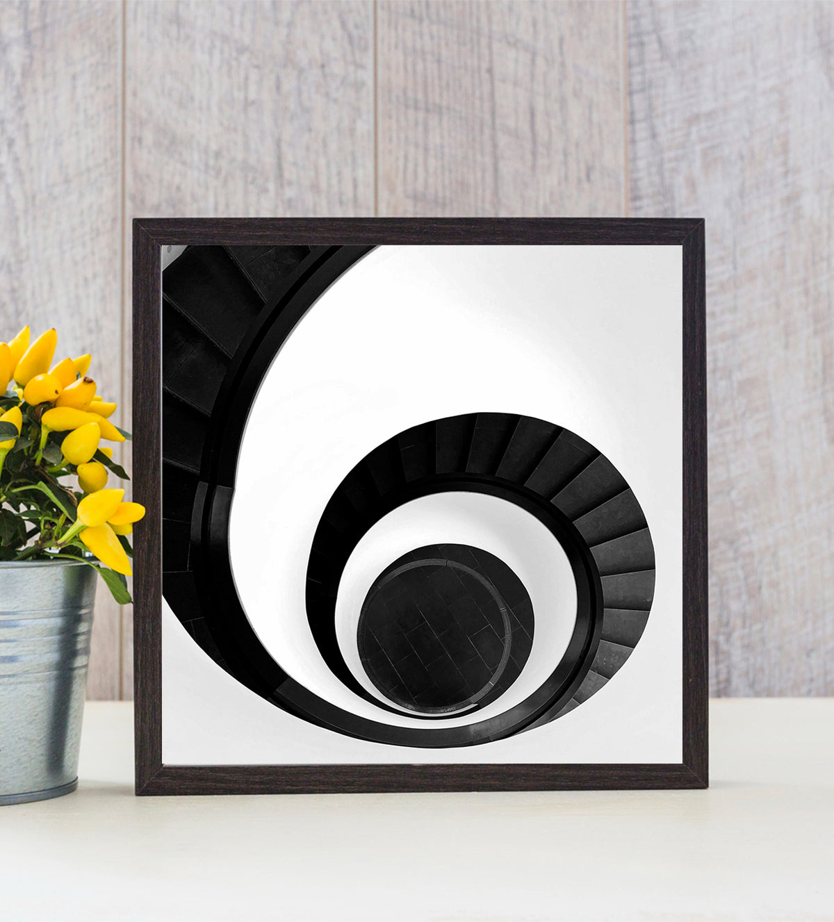 A captivating black-and-white photograph featuring an elegant spiral staircase for modern home decor.