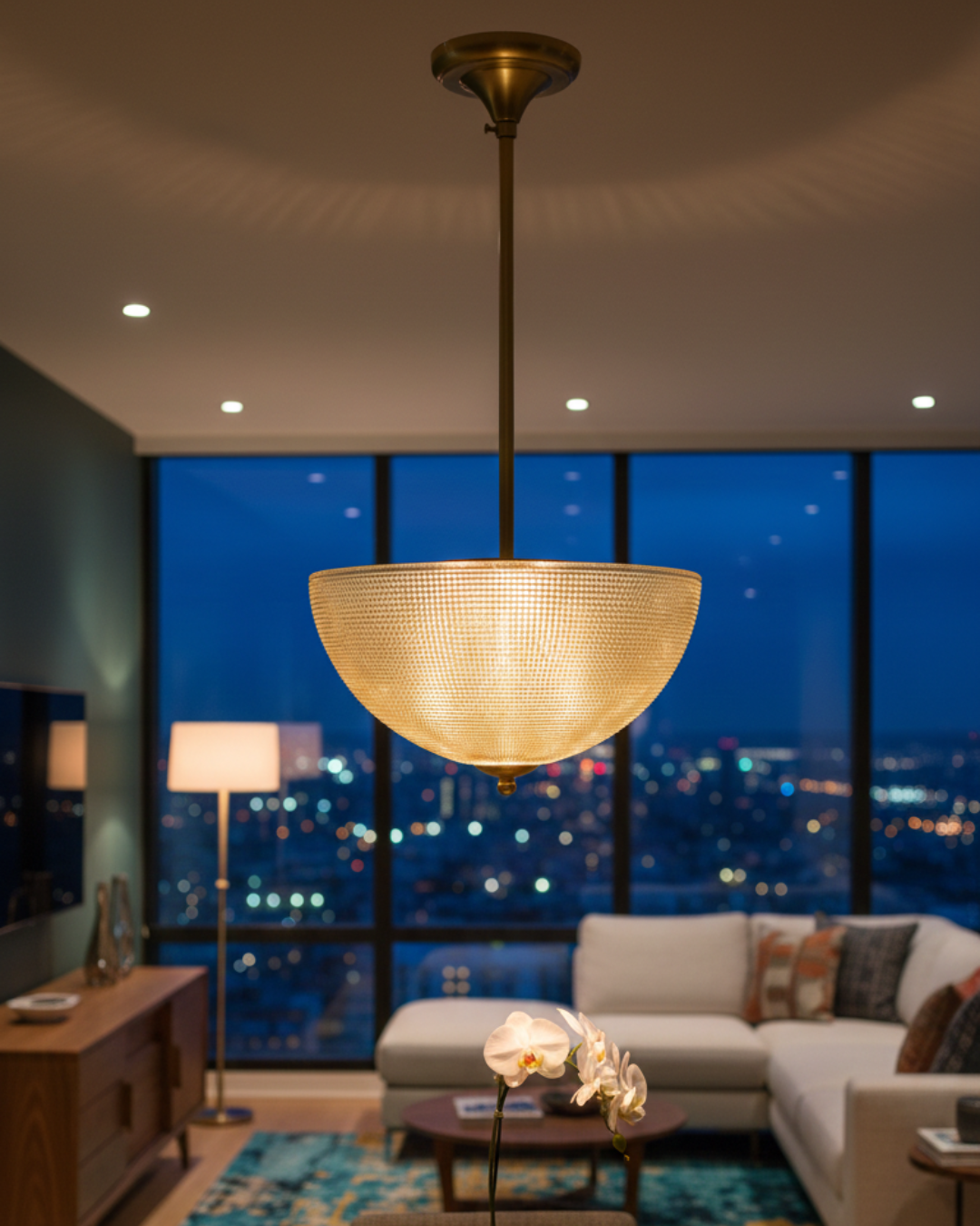 Living room with a large pendant light and cityscape view. Discover Aurelia Bowl Luxe Pendant Light by AartaaDecor. Handcrafted solid brass & textured glass pendant, made in India.