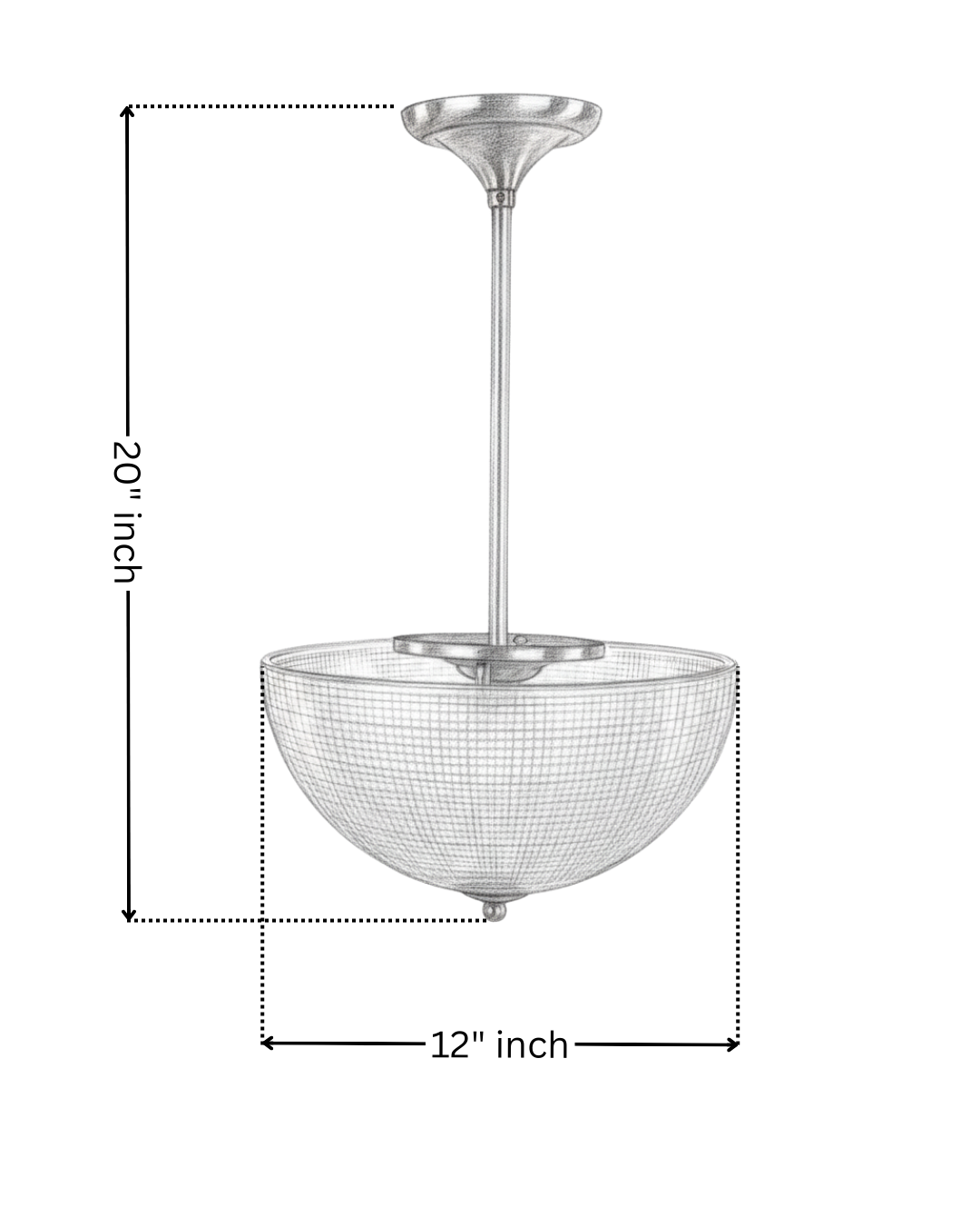 Ceiling light fixture with dimensions on a white background. Discover Aurelia Bowl Luxe Pendant Light by AartaaDecor. Handcrafted solid brass & textured glass pendant, made in India.