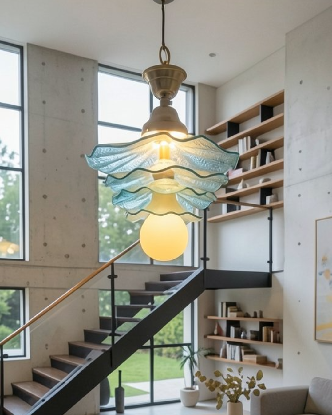 Modern pendant light with a glass shade hanging in a home interior.