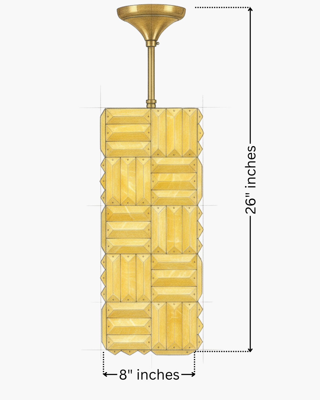 Gold pendant light fixture with dimensions on a white background