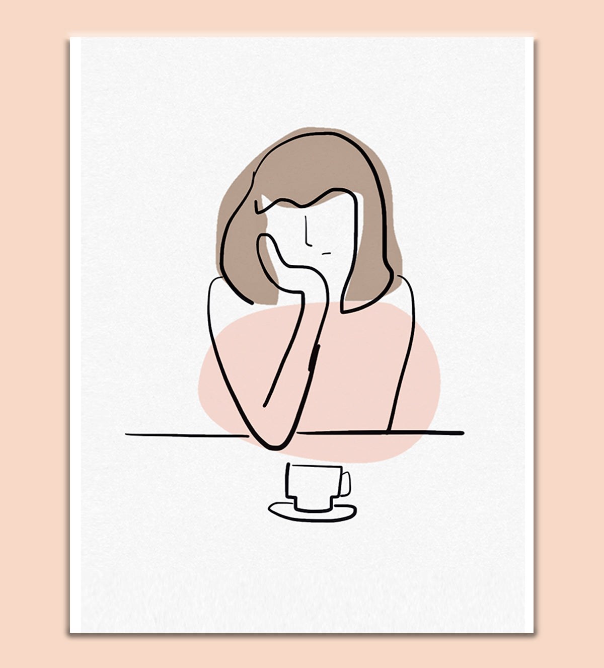 Minimalist painting of a person in thoughtful pose with a cup, titled Contemplation in Simplicity, available on paper or canvas in various sizes.