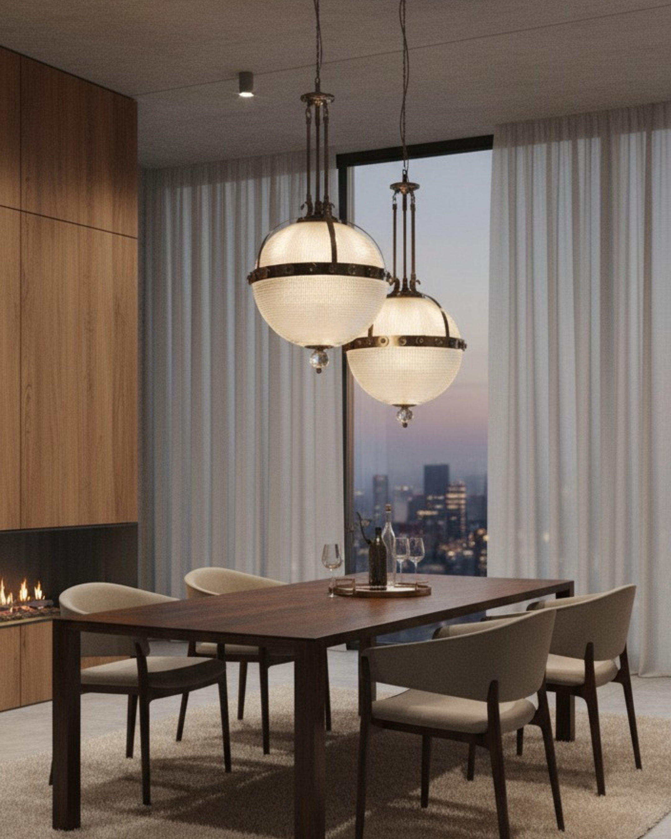 air of Celeste Globe Pendant Lights in a contemporary dining space, creating warm ambient lighting with frosted glass globes and metallic detailing.