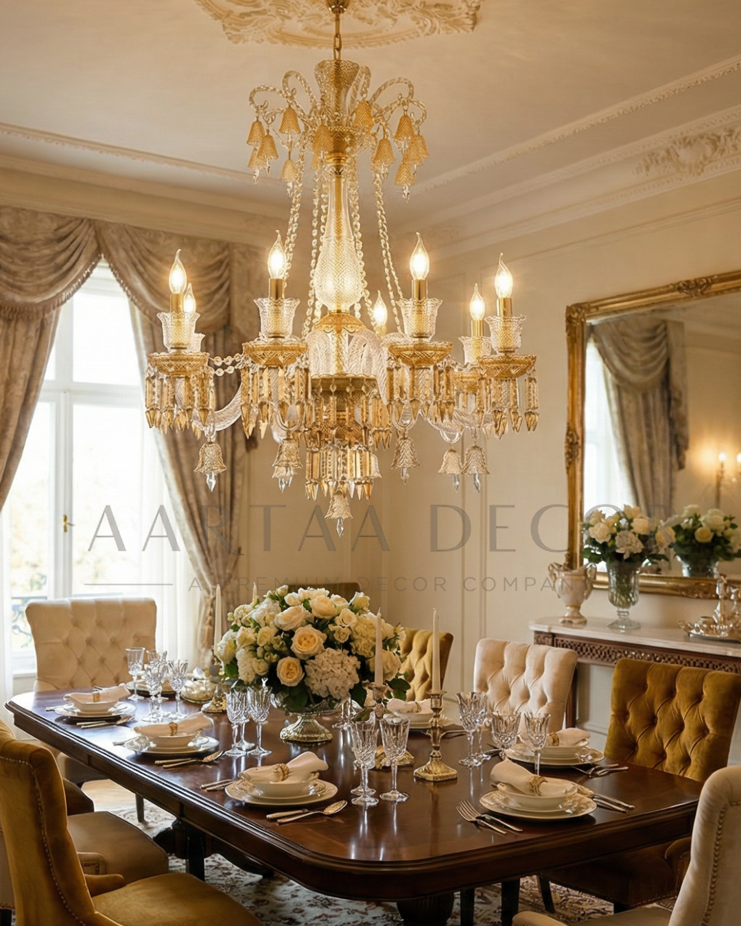 Luxurious dining room with a grand chandelier, elegant table setting, and decorative elements.
